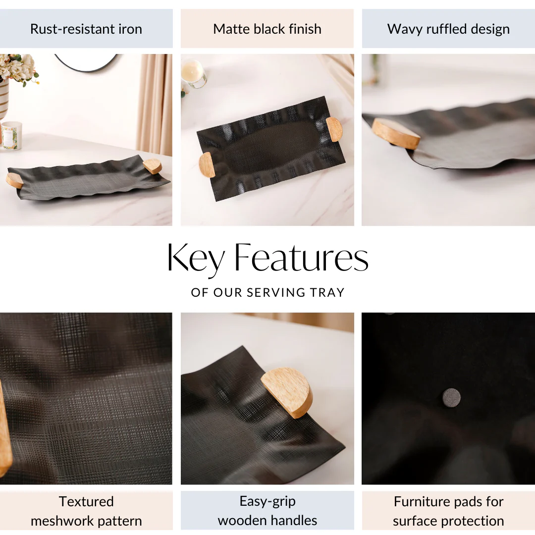 Metal Wood Fusion Serving Tray Black 17x8 Inch - Image 5