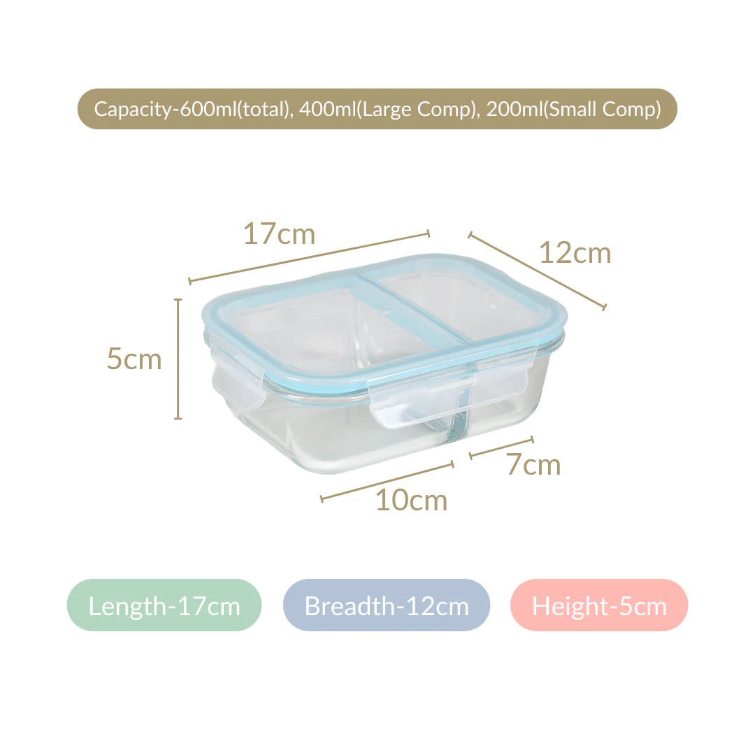Microwave Safe Two Compartment Glass Lunch Box 600ml - Image 5