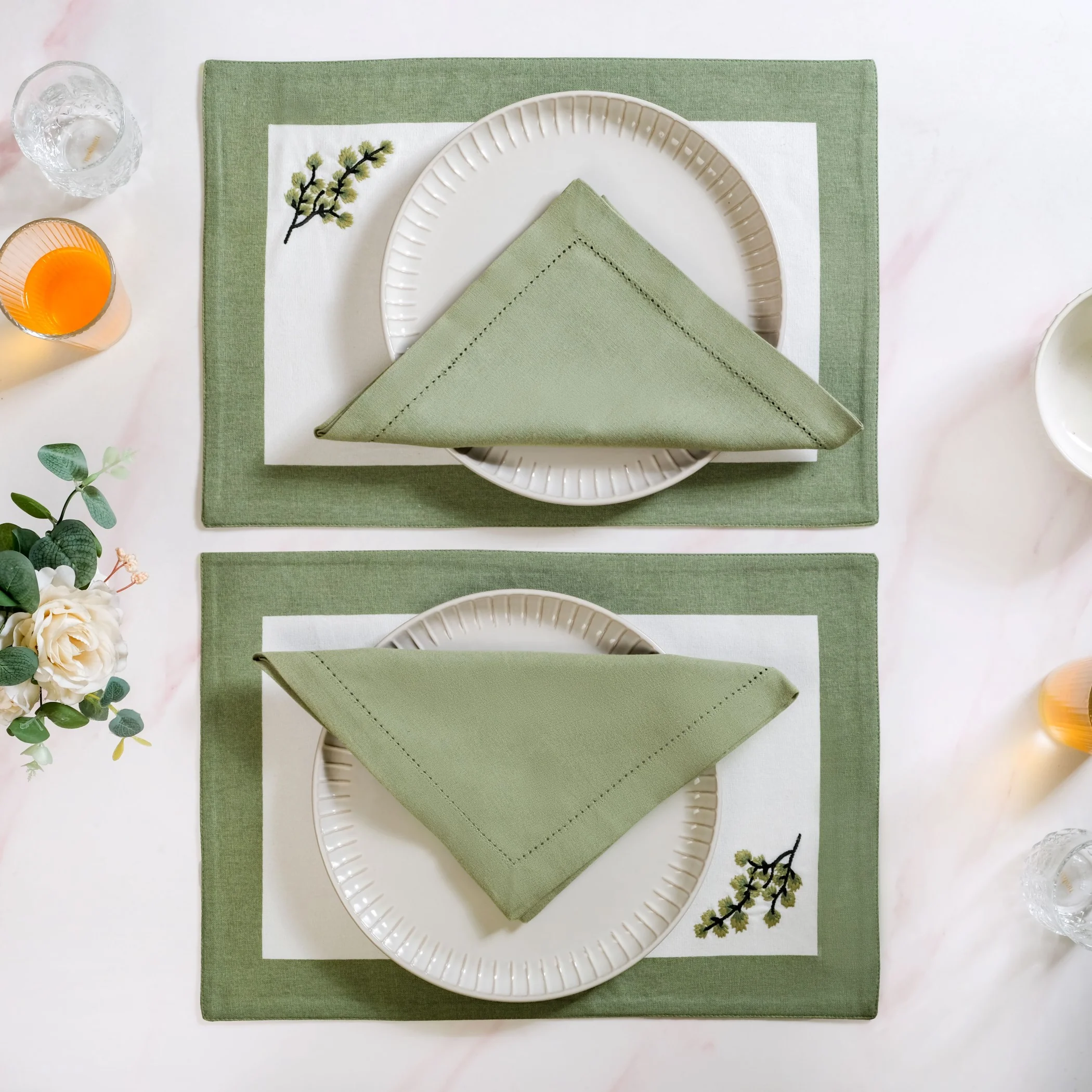 Midori Cotton Table Napkin And Mat Set Of 12 In Sage Green - Image 2
