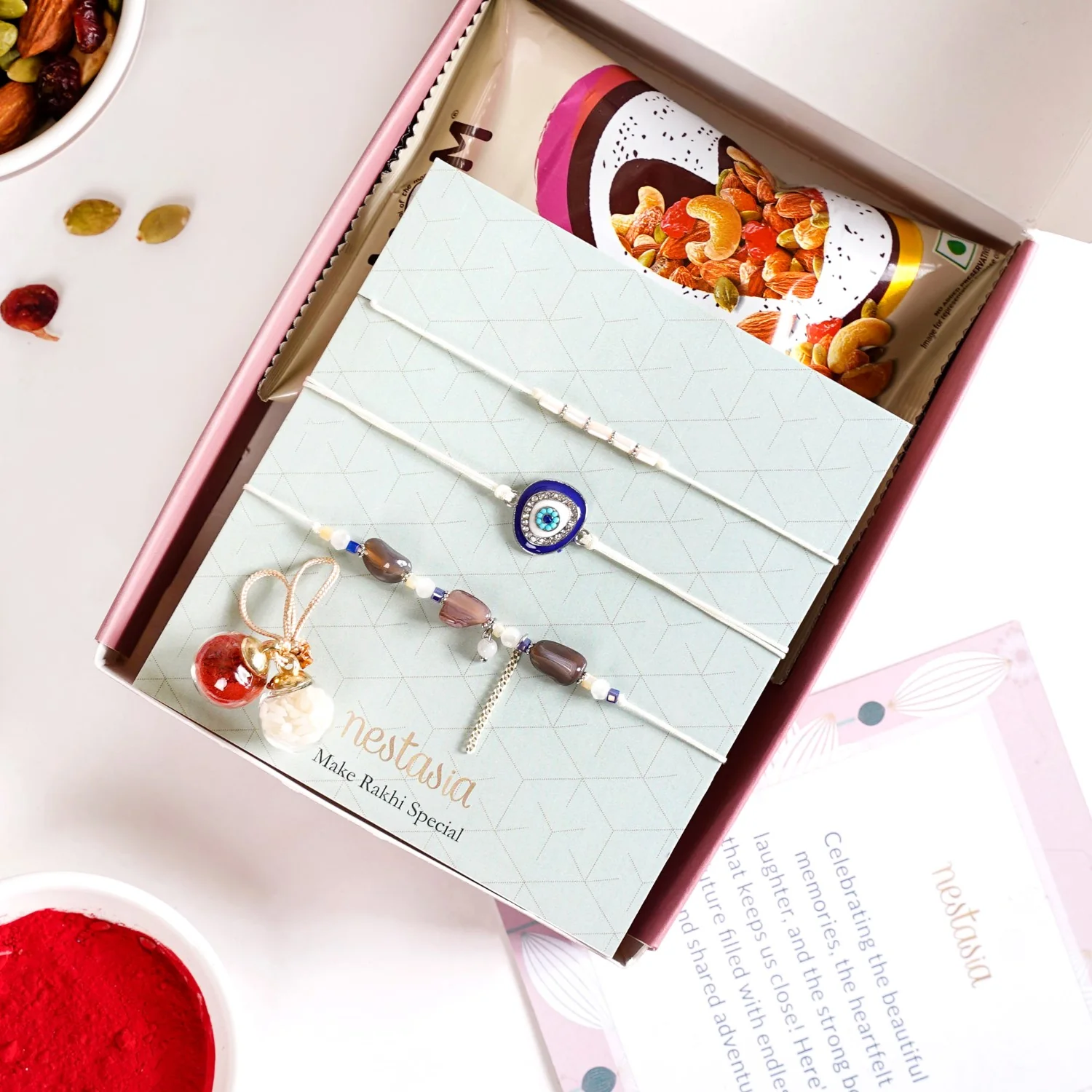 Minimal Evil Eye Rakhi Gift Set Of 5 With Box And Card - Image 6