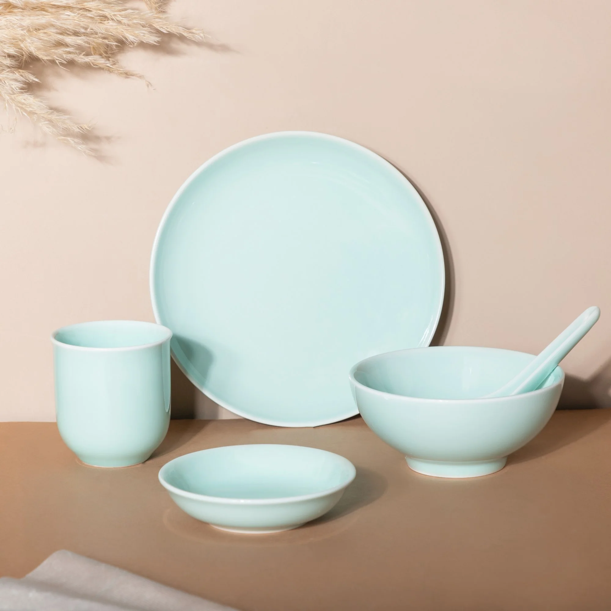 Mint Green Ceramic dinner set components For One - Image 11