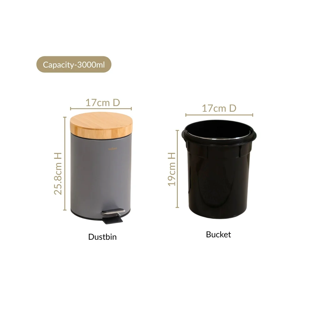 Modbin Bamboo Lid Metal Dustbin Grey 3000ml - Image 4