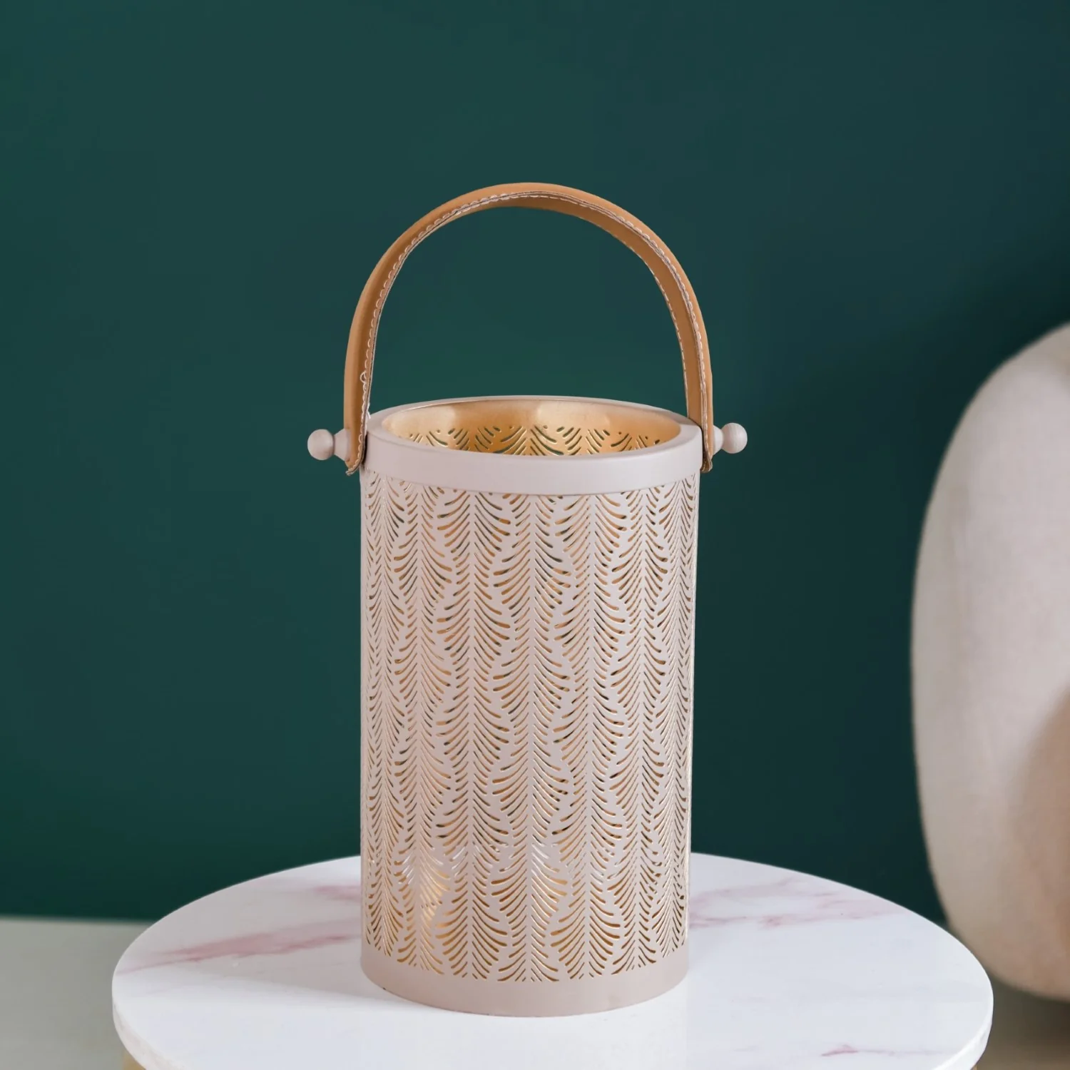 Modern Matte Beige Leaf Cutwork Metal Lantern Set Of 2 - Image 10