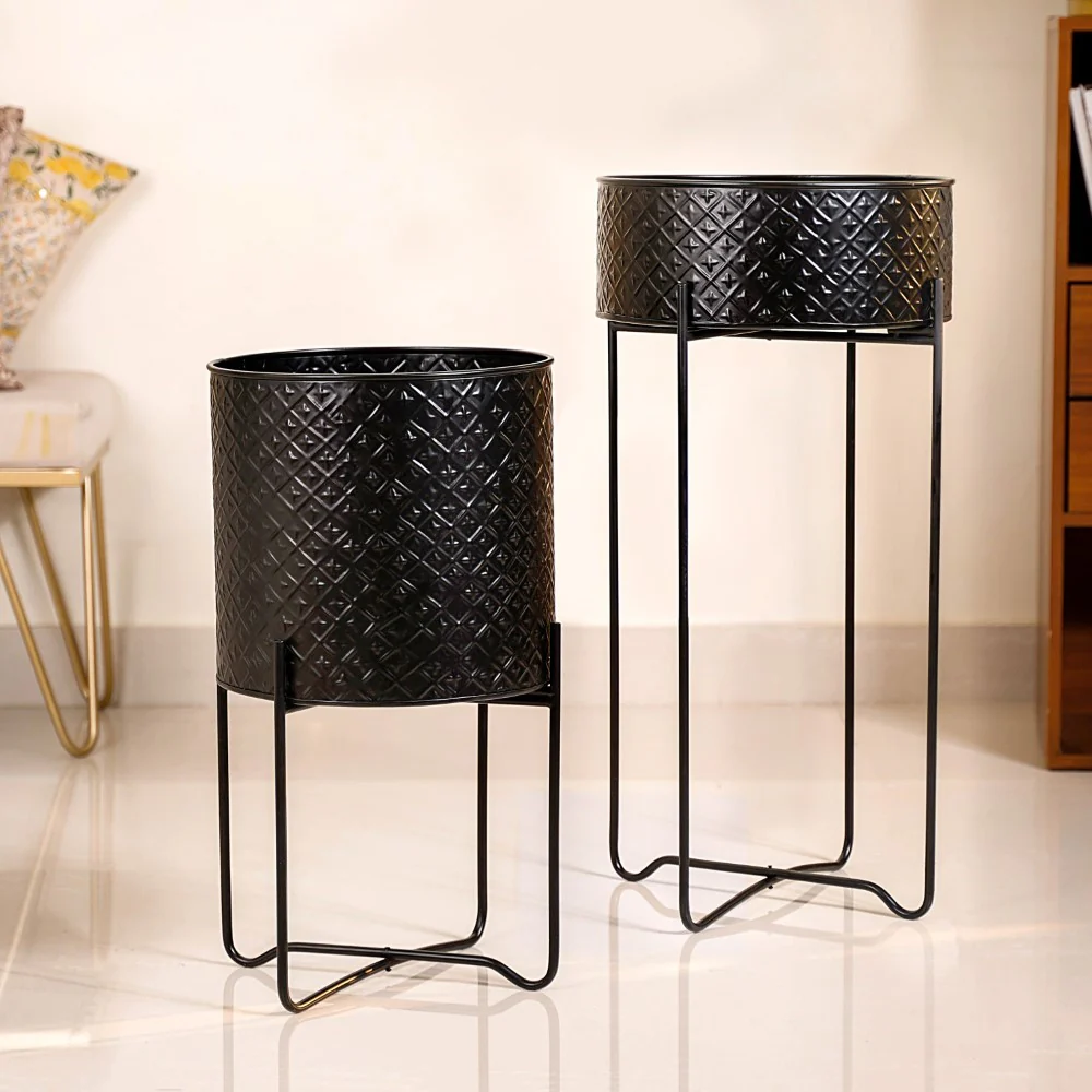 Modern Metal Floor Planter With Stand Black Set Of 2 - Image 12