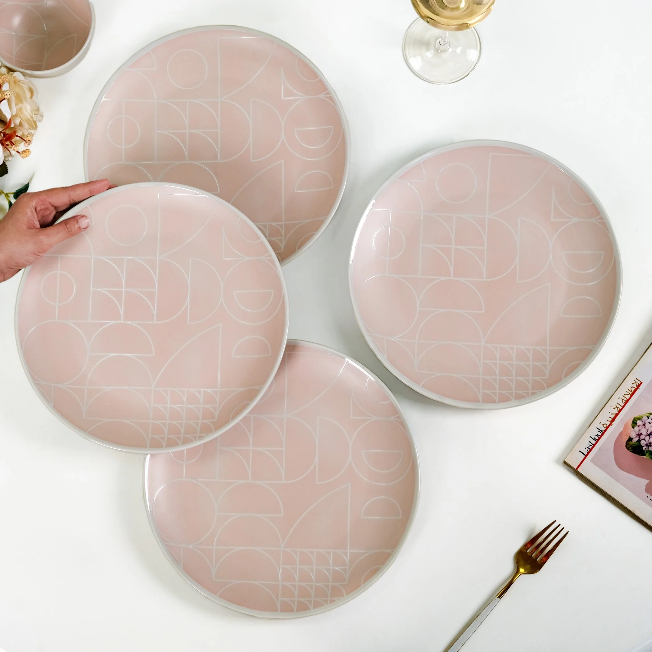 Monvia Pastel Pink Art Deco Style Dinner Plate Set Of 4 10 Inch - Image 3