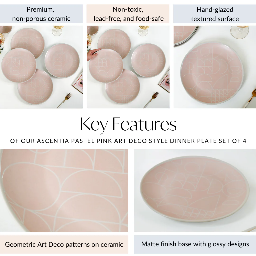 Monvia Pastel Pink Art Deco Style Dinner Plate Set Of 4 10 Inch - Image 5
