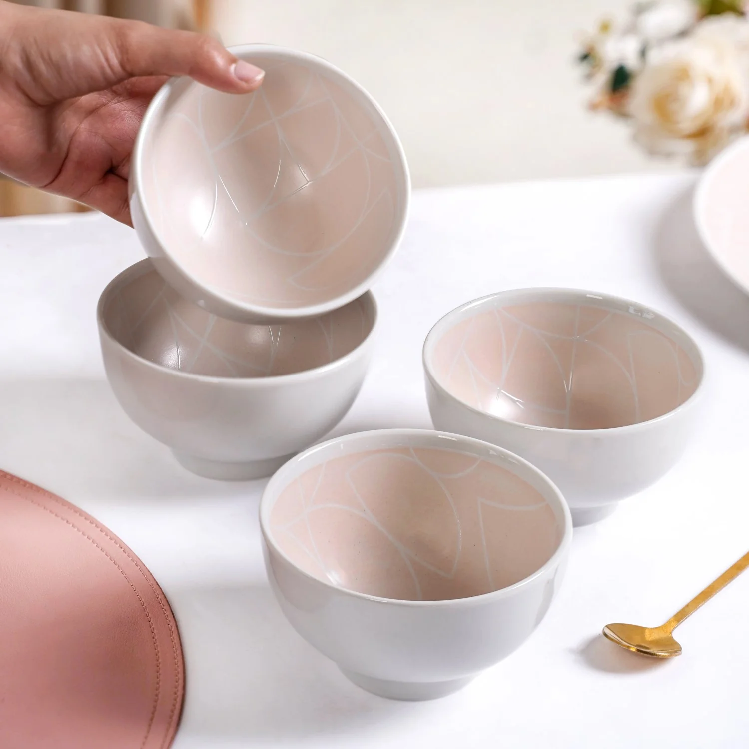 Monvia Pastel Pink Art Deco Style Snack Bowl Set Of 4 325ml - Image 3