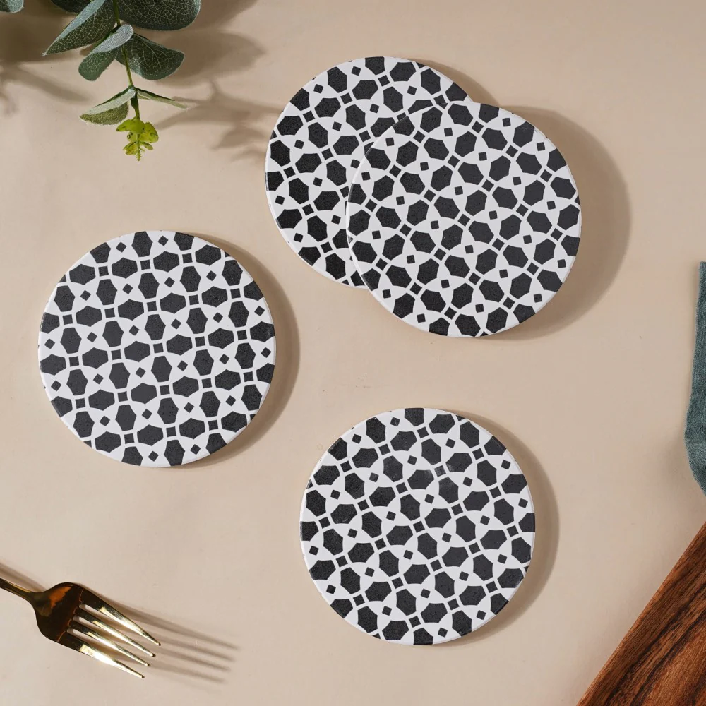 Moroccan Black And White Ceramic Coaster Set Of 4 - Image 4