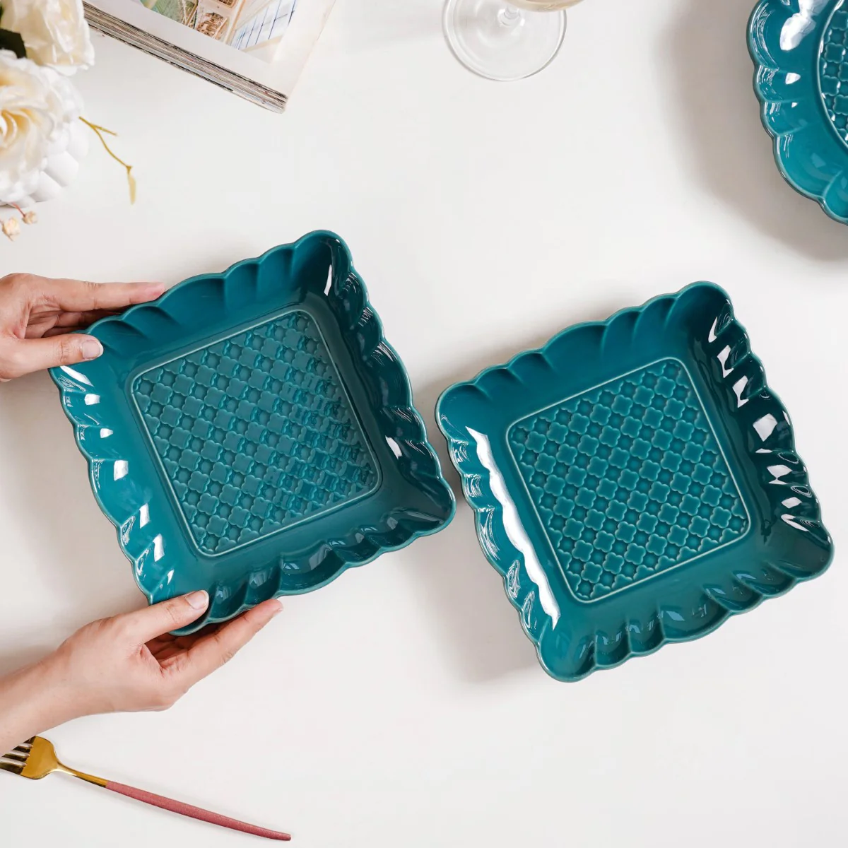 Moroccan Motif Square Platter Dark Green Set Of 2 8 Inch - Image 2