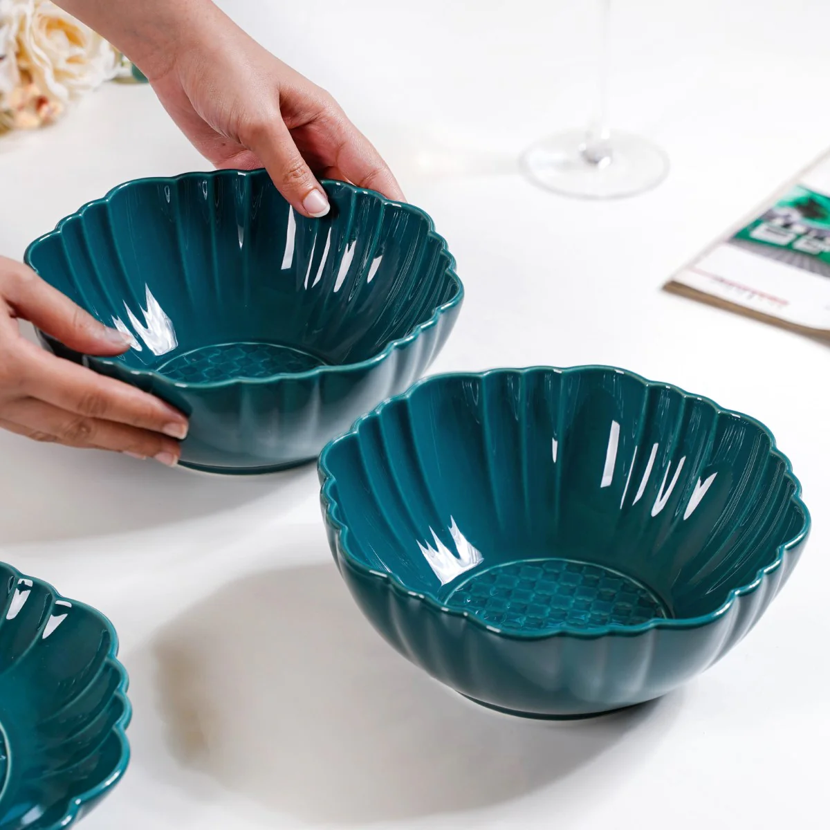 Moroccan Round Ceramic Serving Bowl Dark Green Set Of 2 1200ml - Image 2