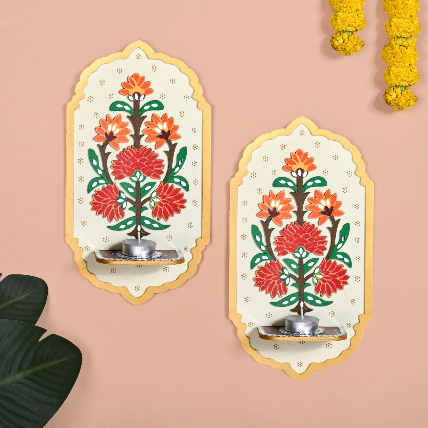 Motif Jharokha Tealight Candle Holder Lippan Wall Art Set Of 2