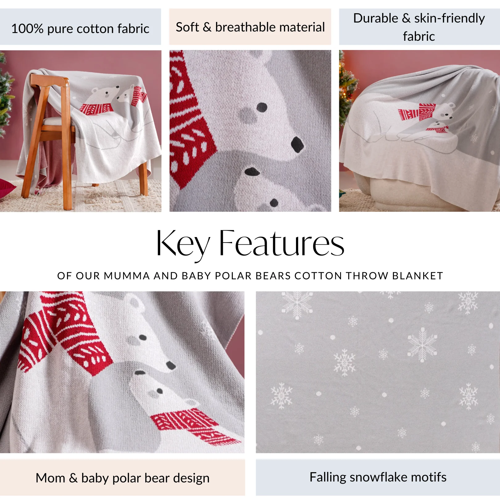 Mumma And Baby Polar Bears Cotton Throw Blanket - Image 6