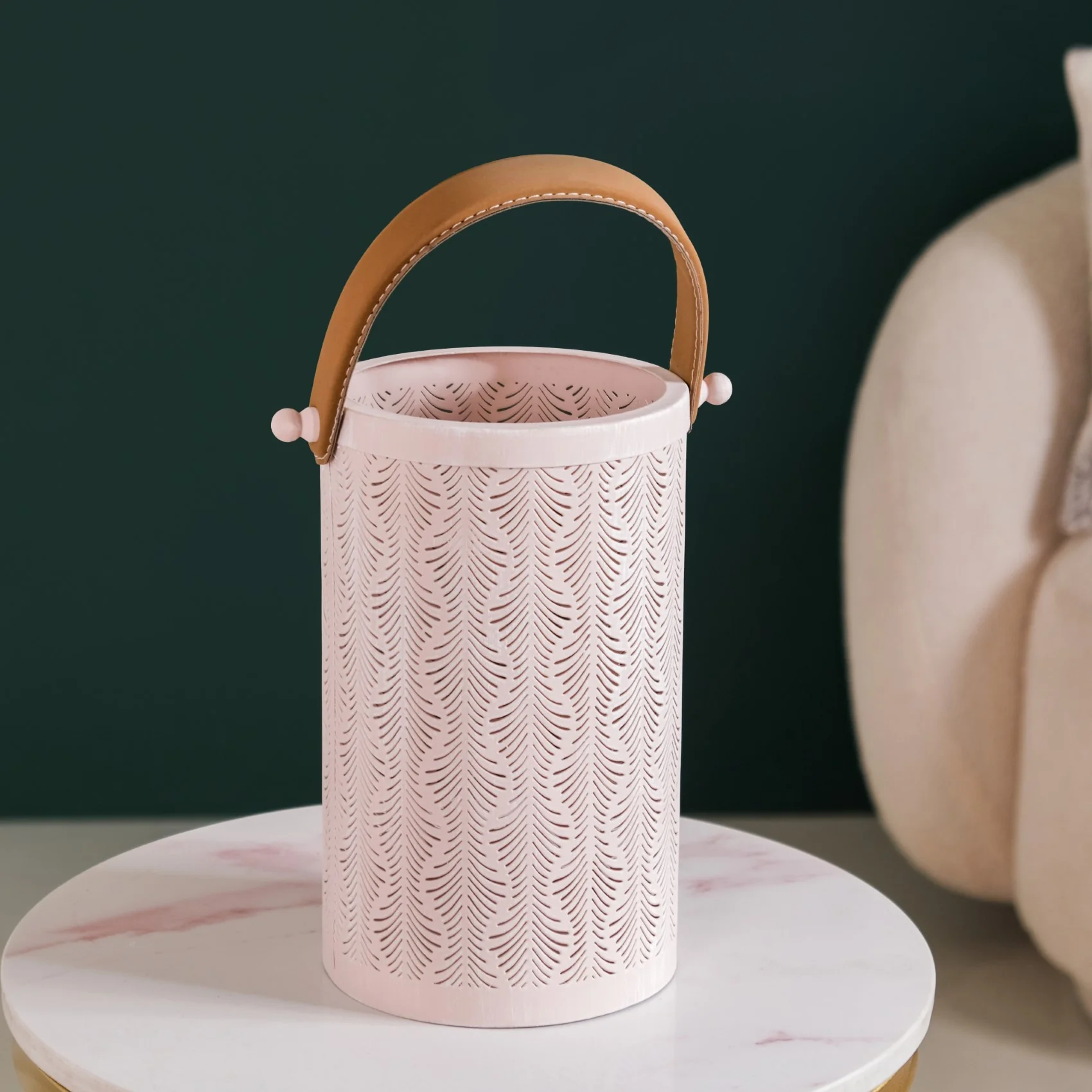 Muted Baby Pink Metal Cutwork Hurricane Lantern Set Of 2 - Image 10