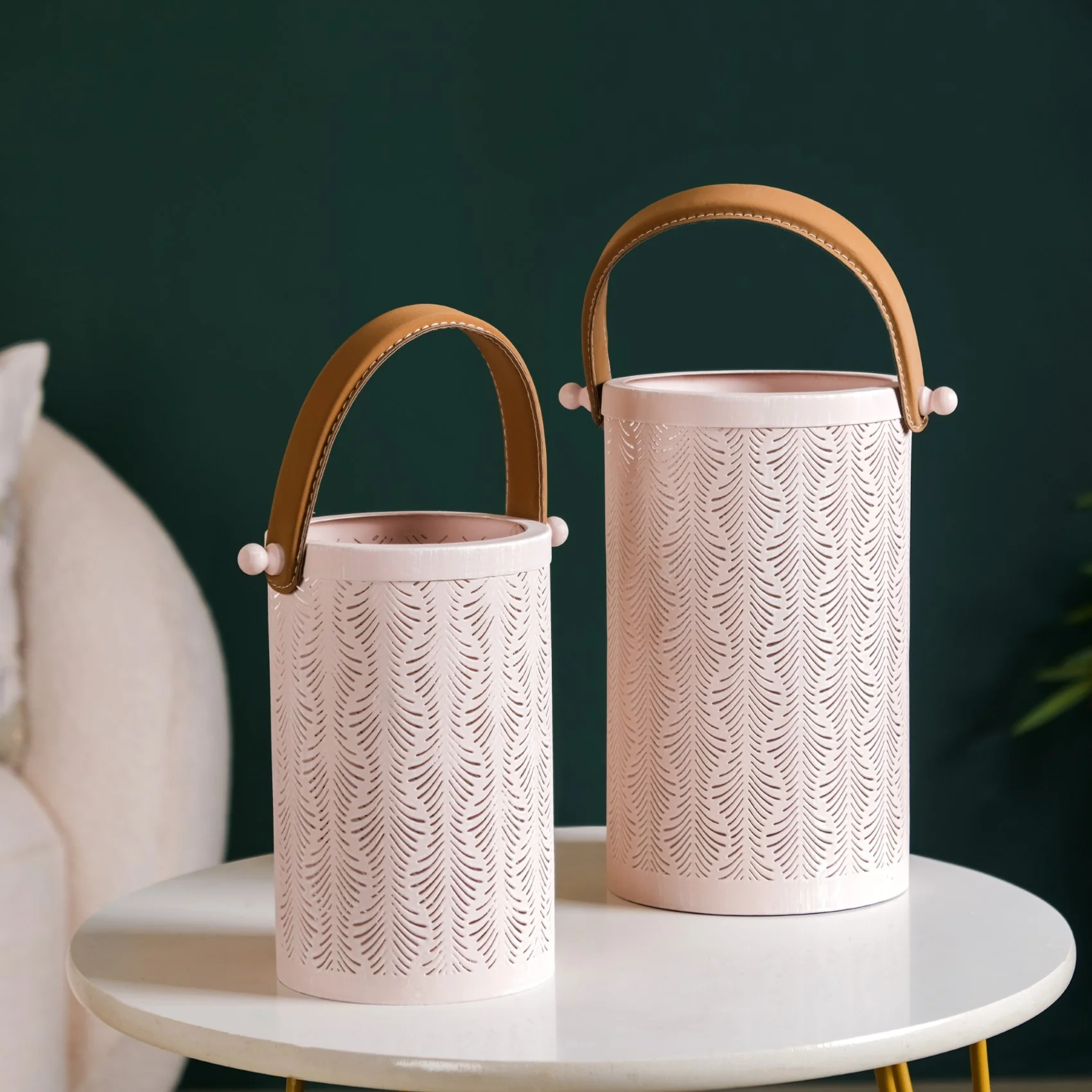 Muted Baby Pink Metal Cutwork Hurricane Lantern Set Of 2 - Image 8