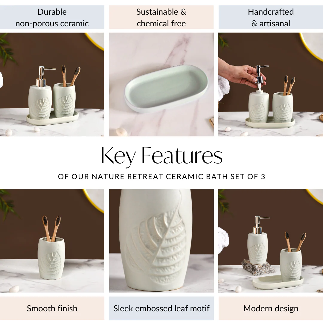 Nature Retreat Ceramic Bathroom Set Of 3 With Tray Light Sage - Image 5