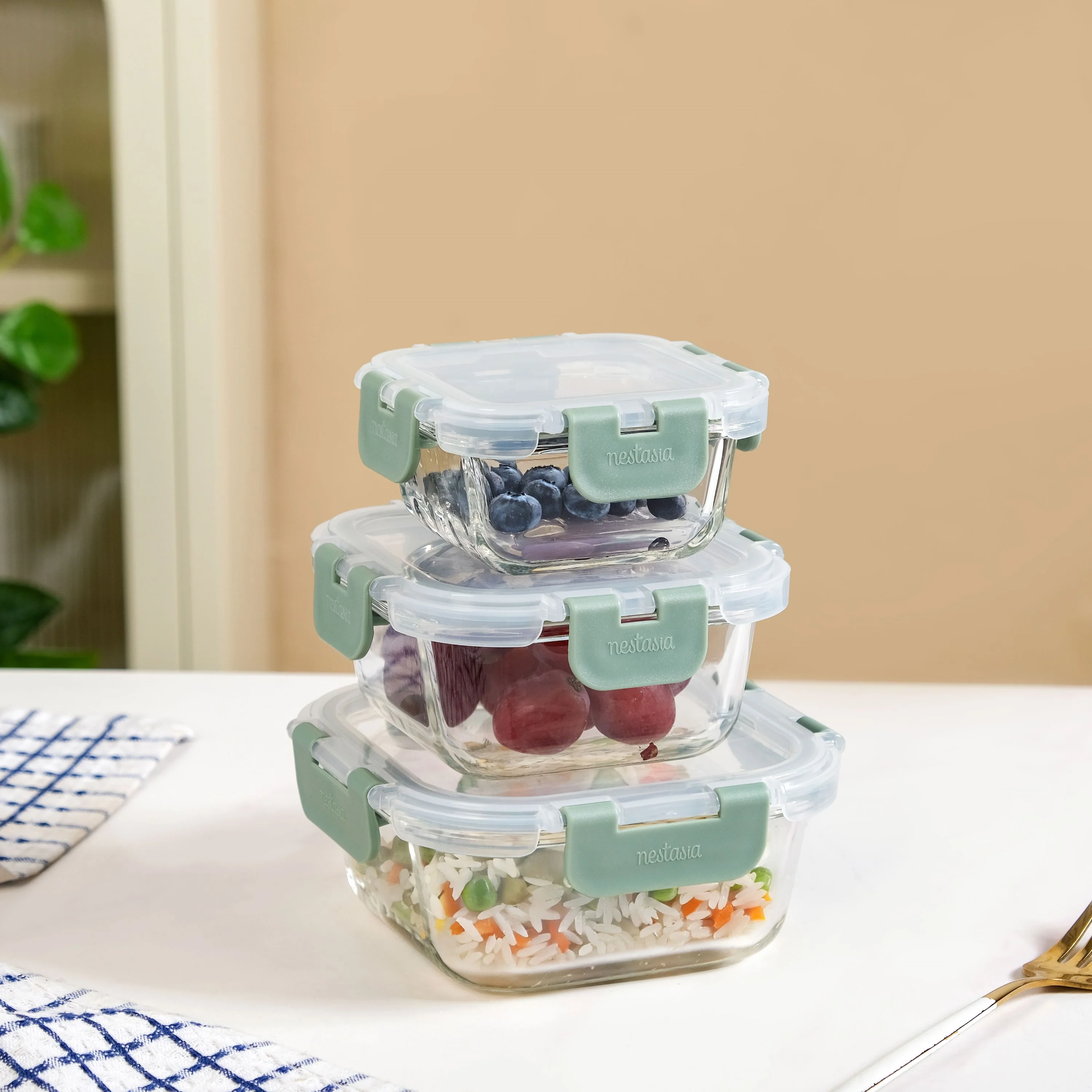 Nestro Glass Leakproof Containers Set Of 3 Square Sage Green 160ml 300ml 500ml