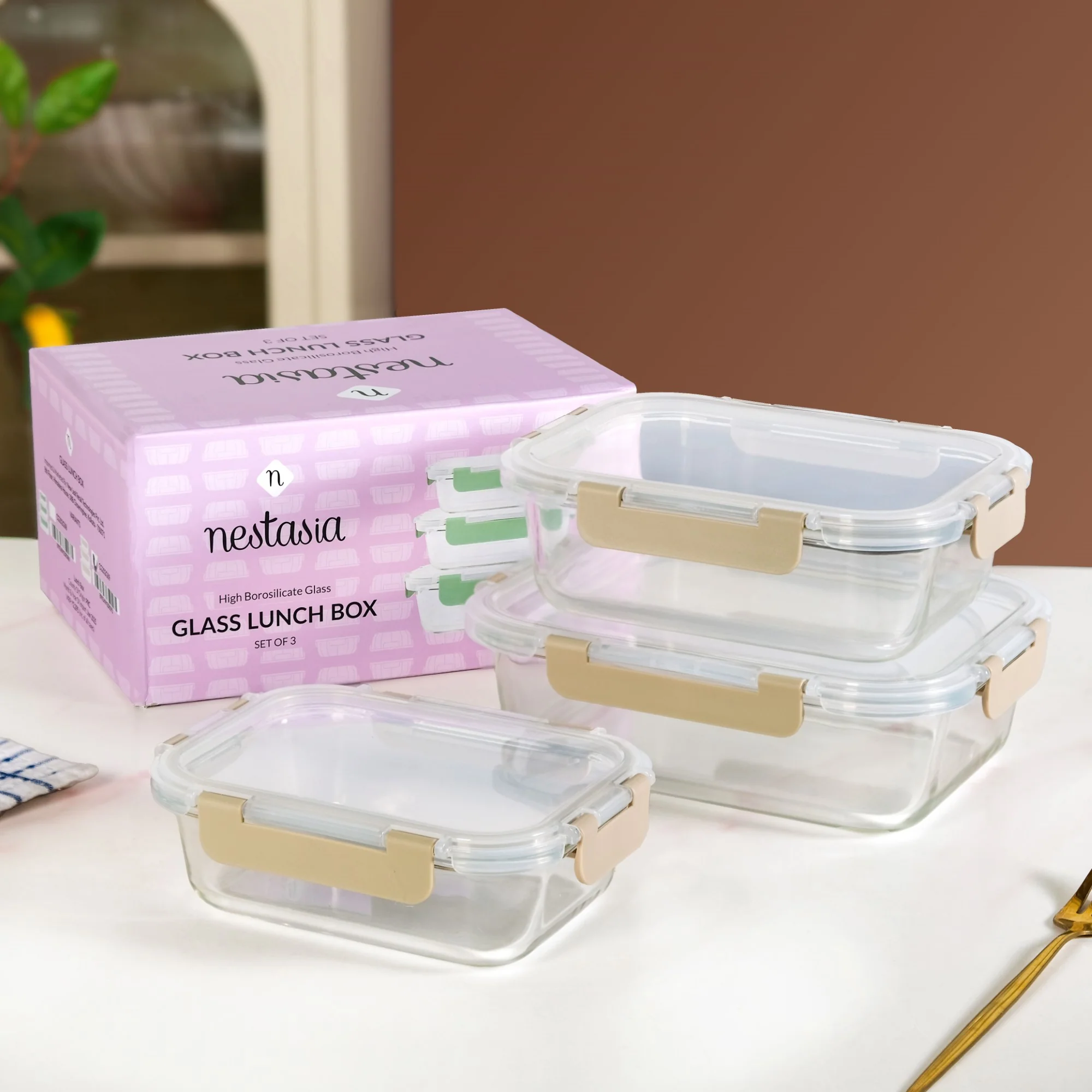 Nestro Leakproof Rectangular Food Storage Box Set Of 3 Beige S 600ml M 1000ml L 1500ml - Image 2