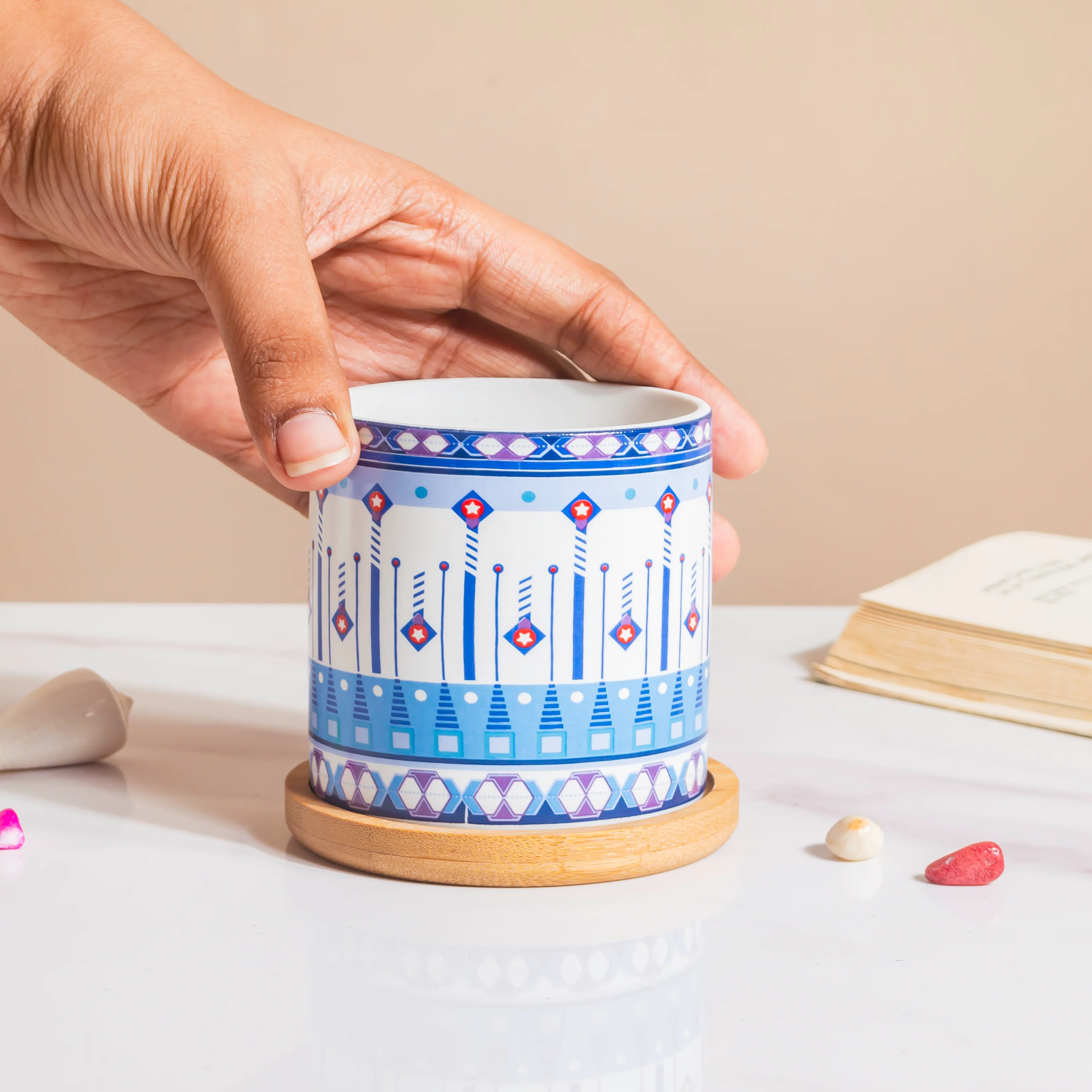 Noor Art Blue And White Planter And Wooden Coaster - Image 3