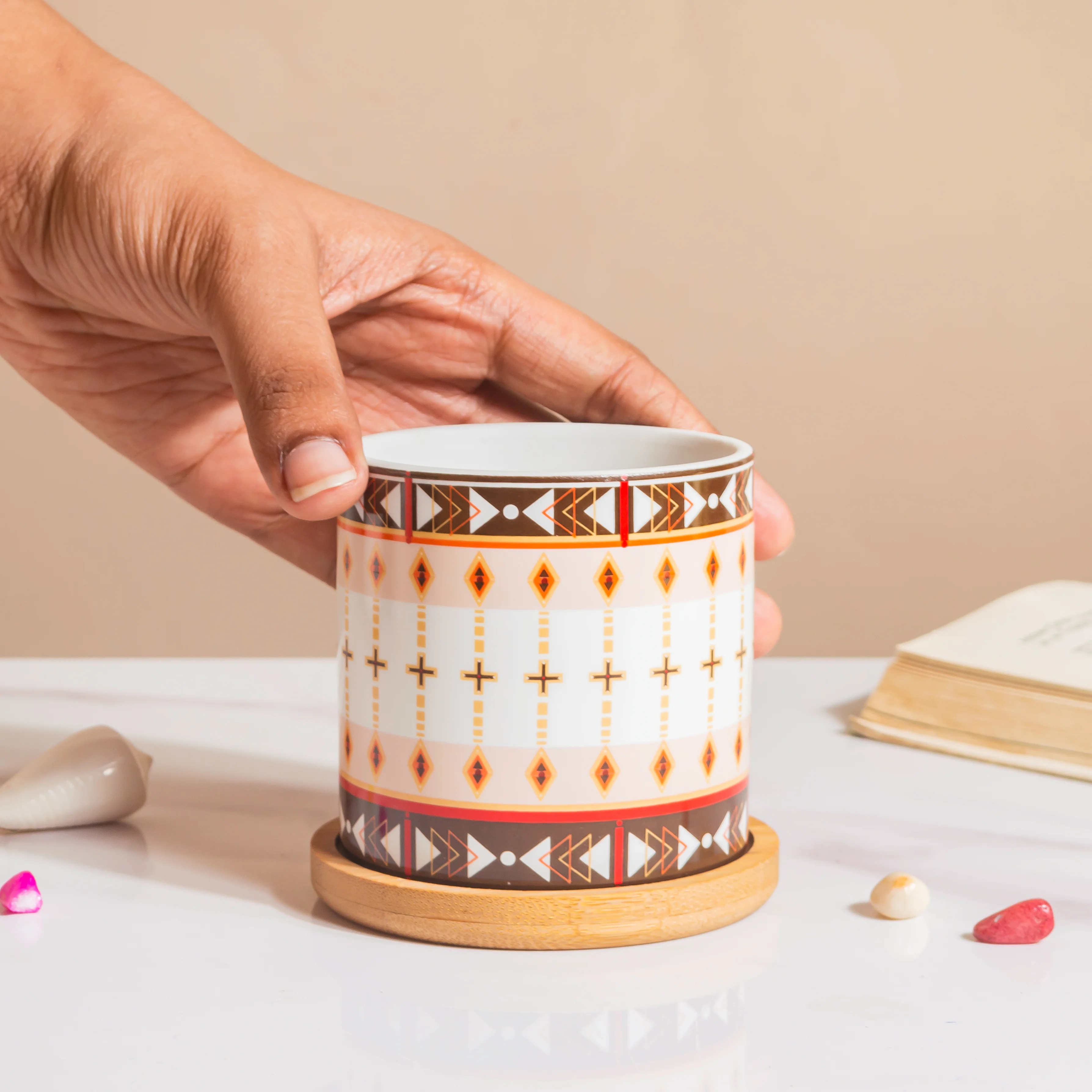 Noor Art Orange and Brown Planter With Wooden Coaster - Image 3