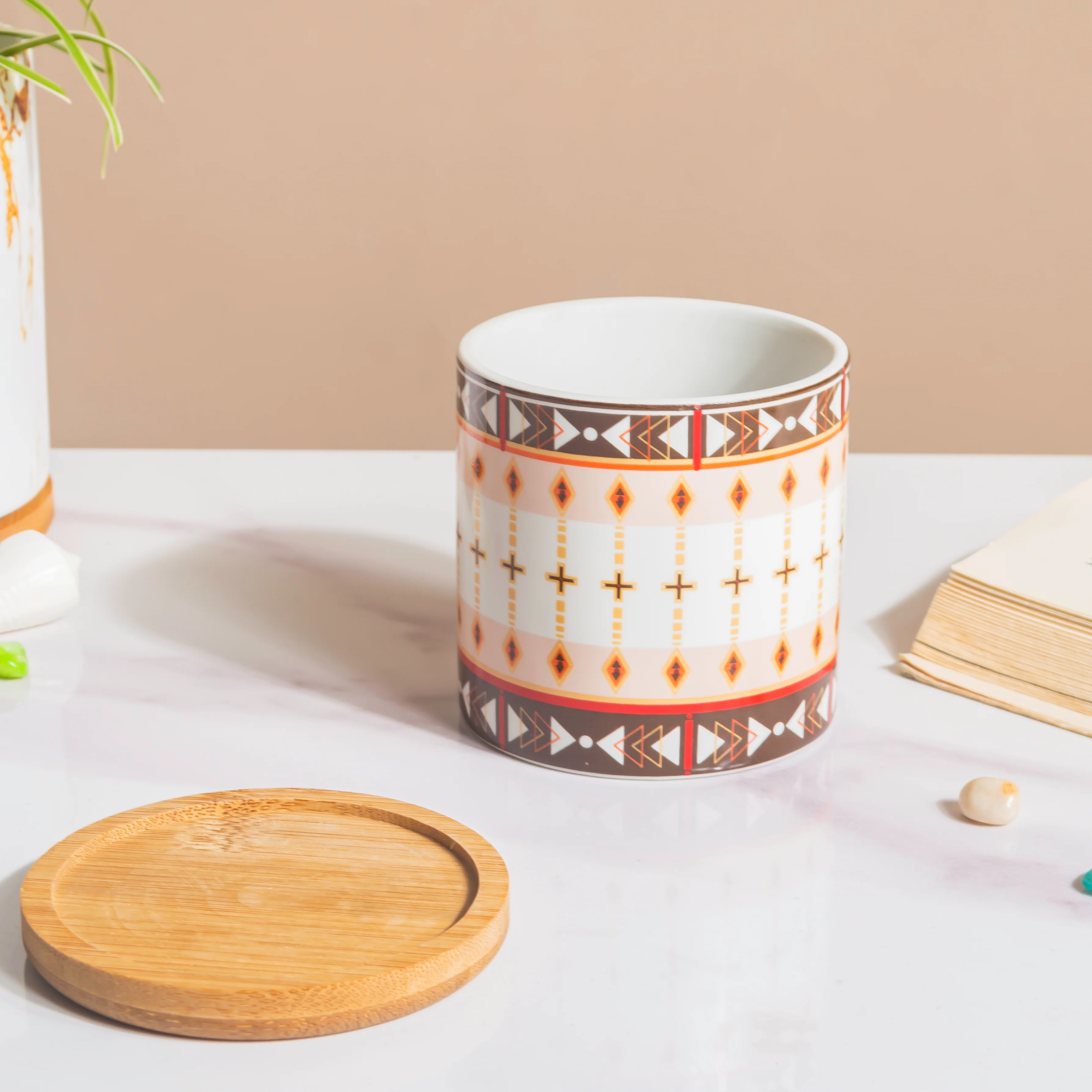 Noor Art Orange and Brown Planter With Wooden Coaster - Image 6