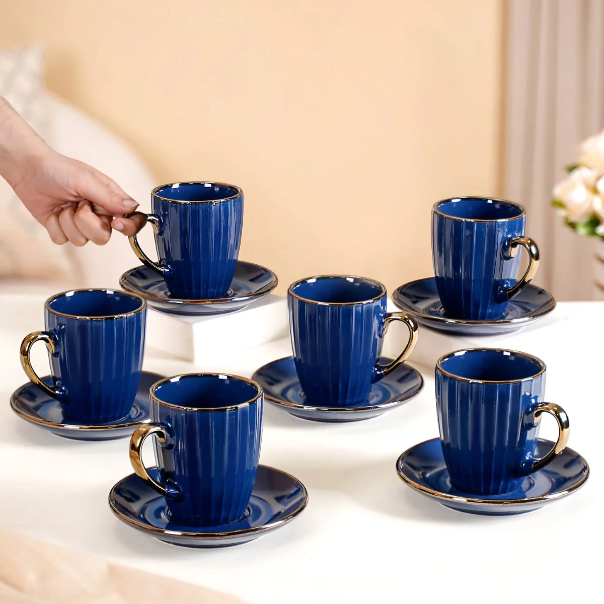Nori Cup And Saucer Set Of 6 Blue With Gold Detail 250ml - Image 3