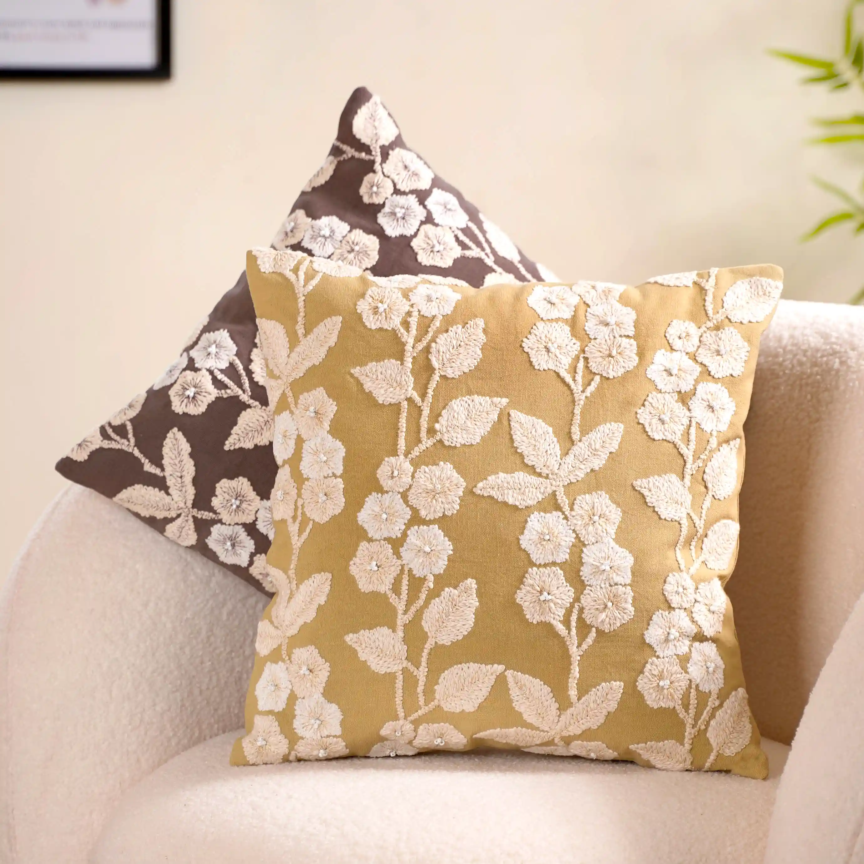 Ochre Embroidery Linen Cushion Cover Yellow 16x16 Inch - Image 11