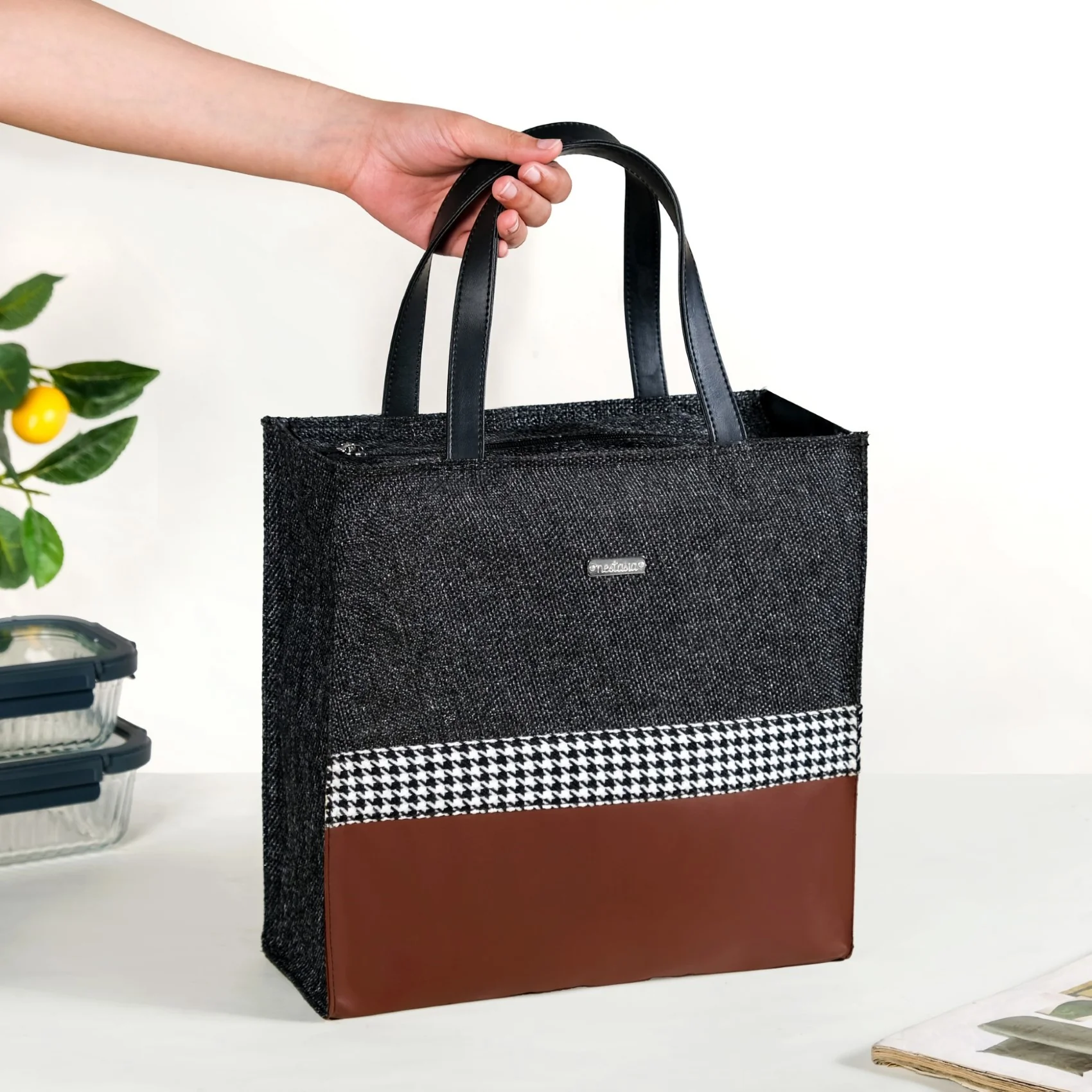 Office Lunch Bag Brown Vegan Leather - Image 2