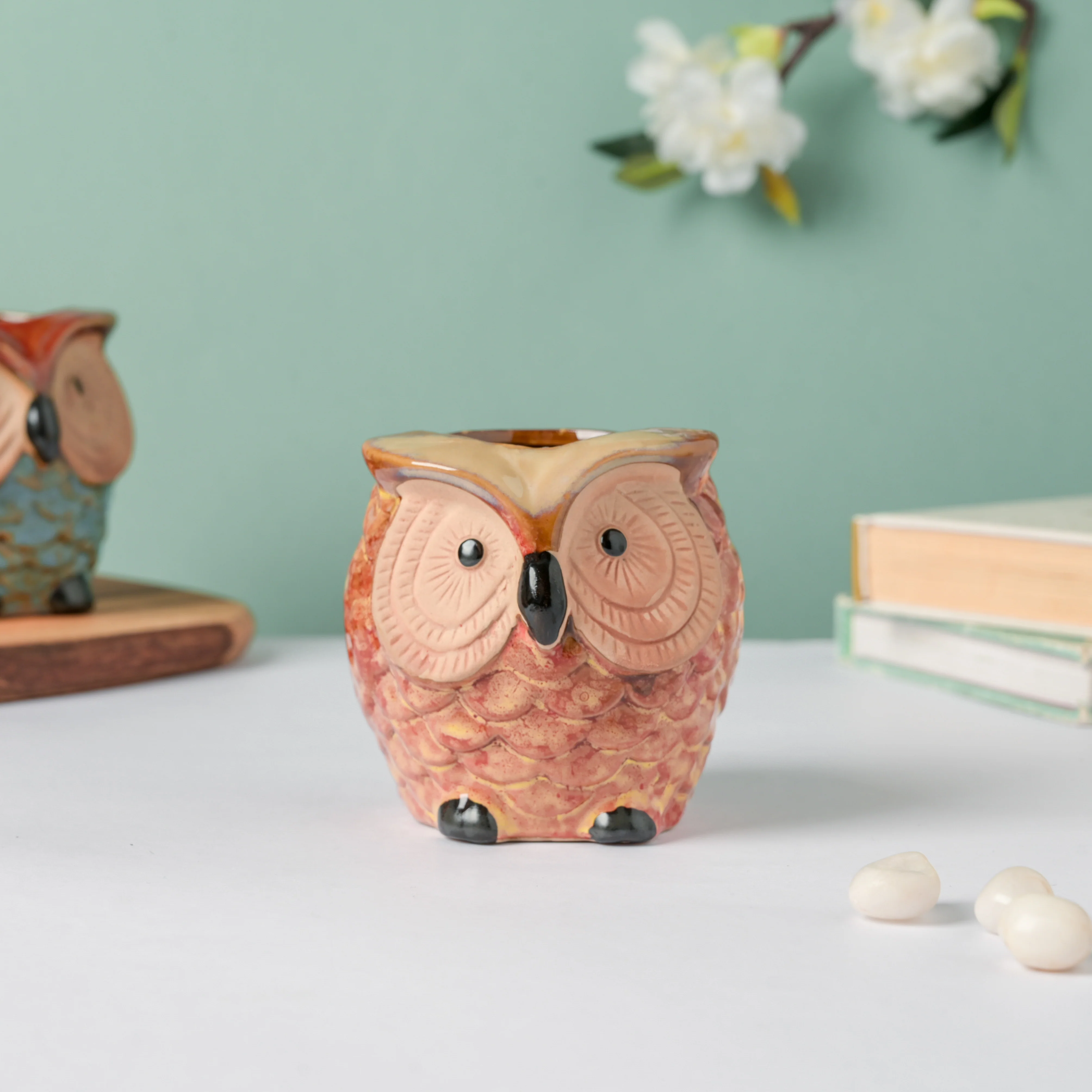 Orange Owl Ceramic Planter With Wooden Coaster - Image 6