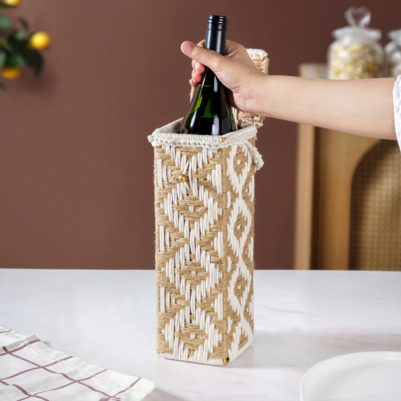 Organic Handwoven Bottle Holder Basket White - Image 6