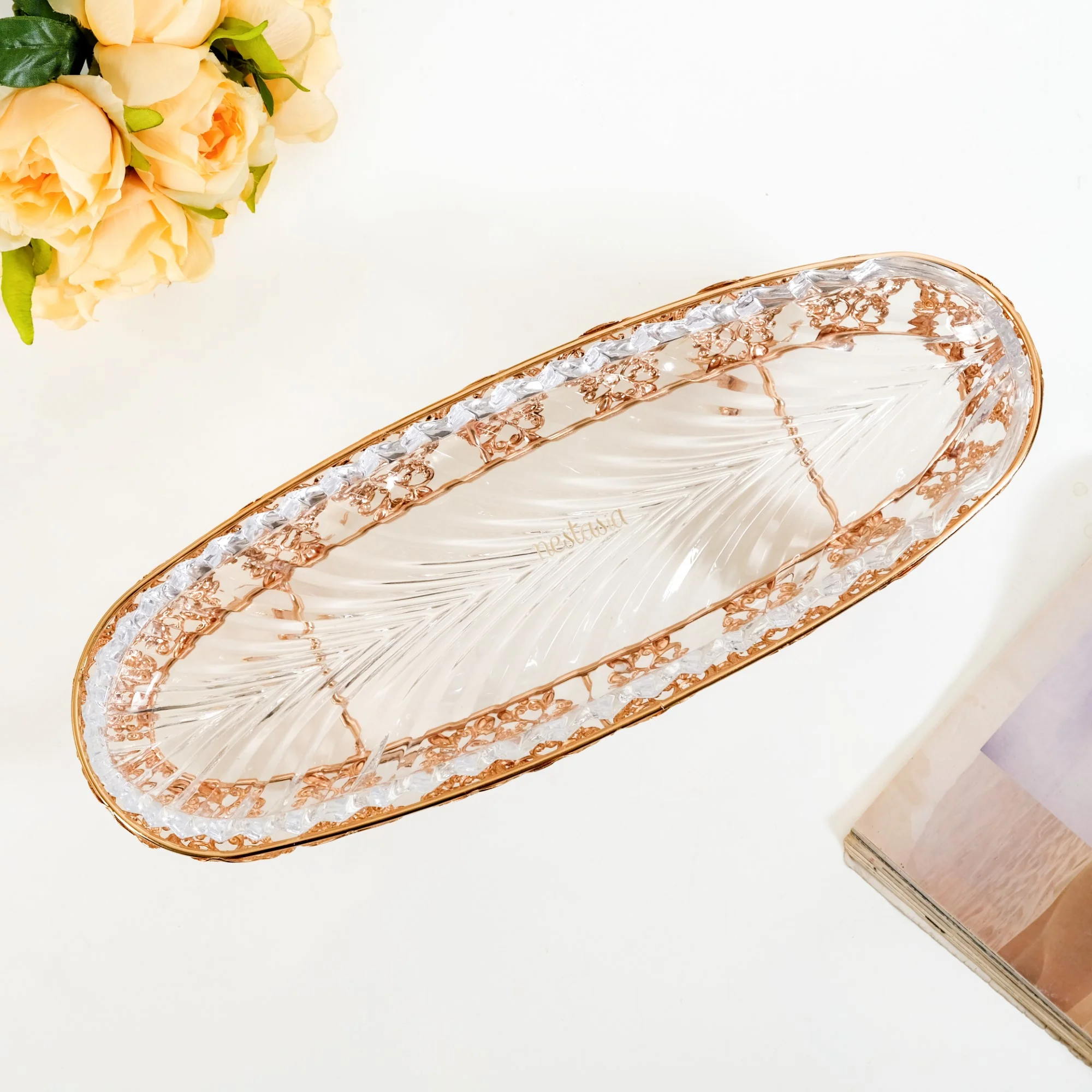 Ornate Metal Glass Decorative Boat Tray - Image 6