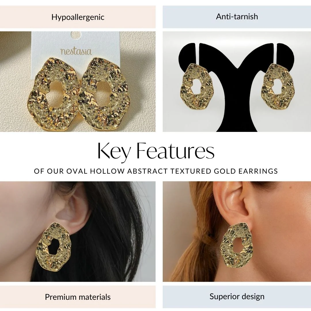Oval Hollow Abstract Textured Gold Earrings - Image 4