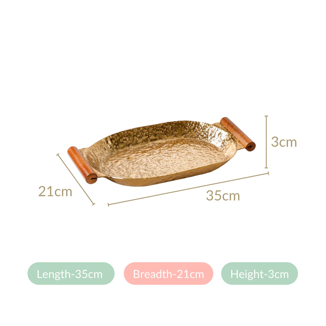 Oval Metal Tray With Wooden Handle Gold 13x8 Inch - Image 6
