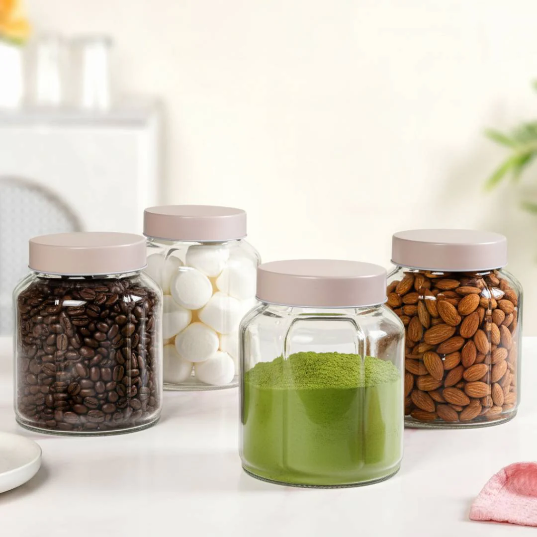 Panelled Jar With Lid Set Of 4 Taupe Beige 1450ml - Image 6