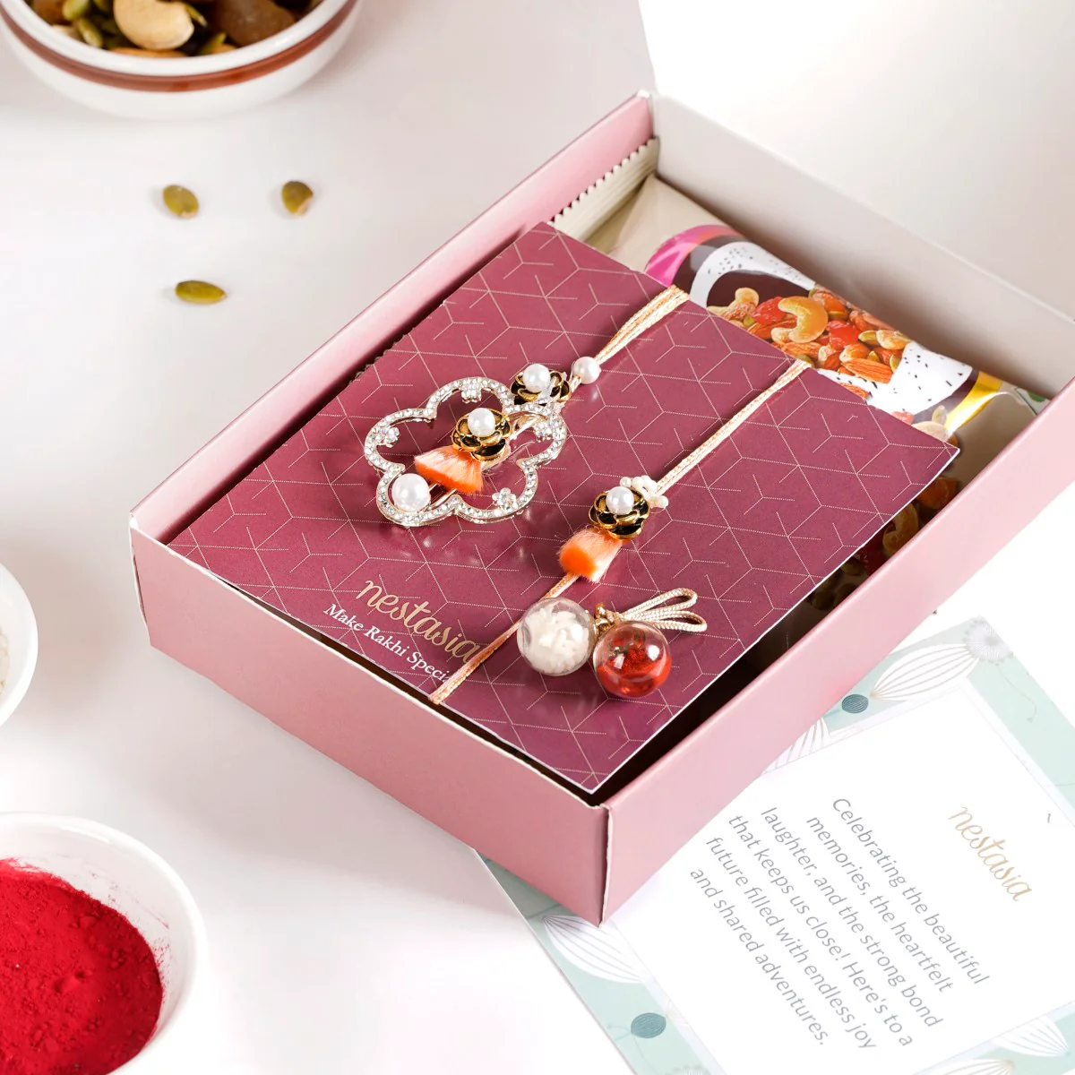 Peach Crystal Studded Pair Rakhi Gift Set Of 4 With Dry Fruits - Image 4
