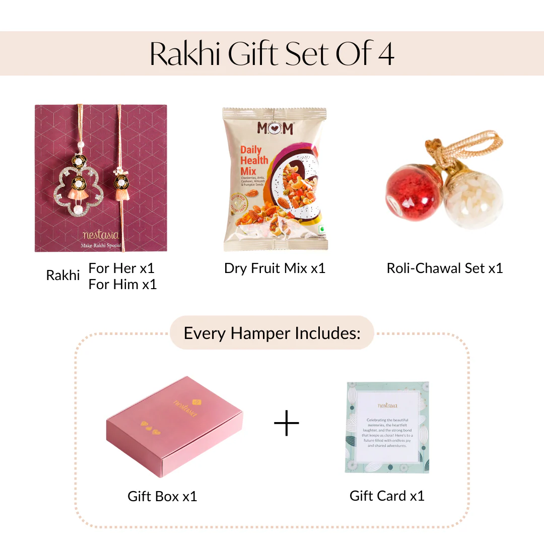 Peach Crystal Studded Pair Rakhi Gift Set Of 4 With Dry Fruits - Image 6