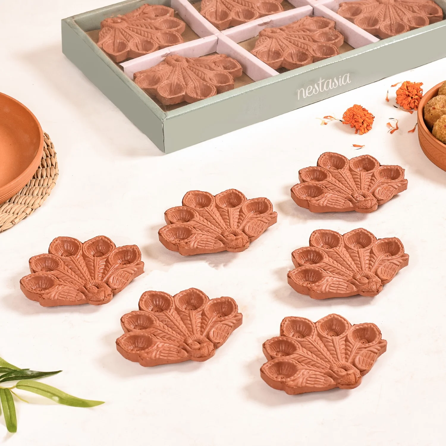 Peacock Feather Engraved Terracotta Diyas Set Of 24 - Image 7