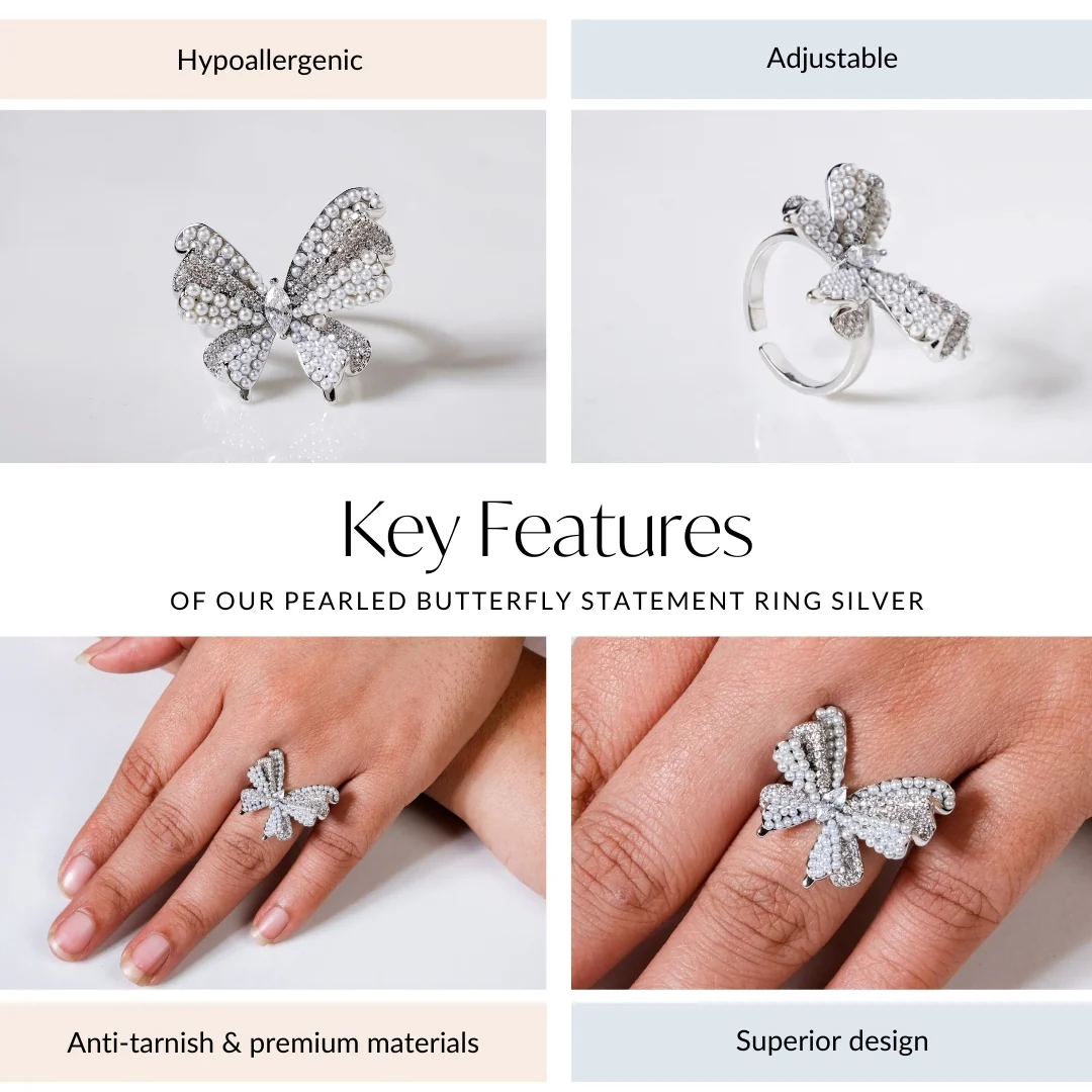 Pearled Butterfly Statement Ring Silver - Image 4