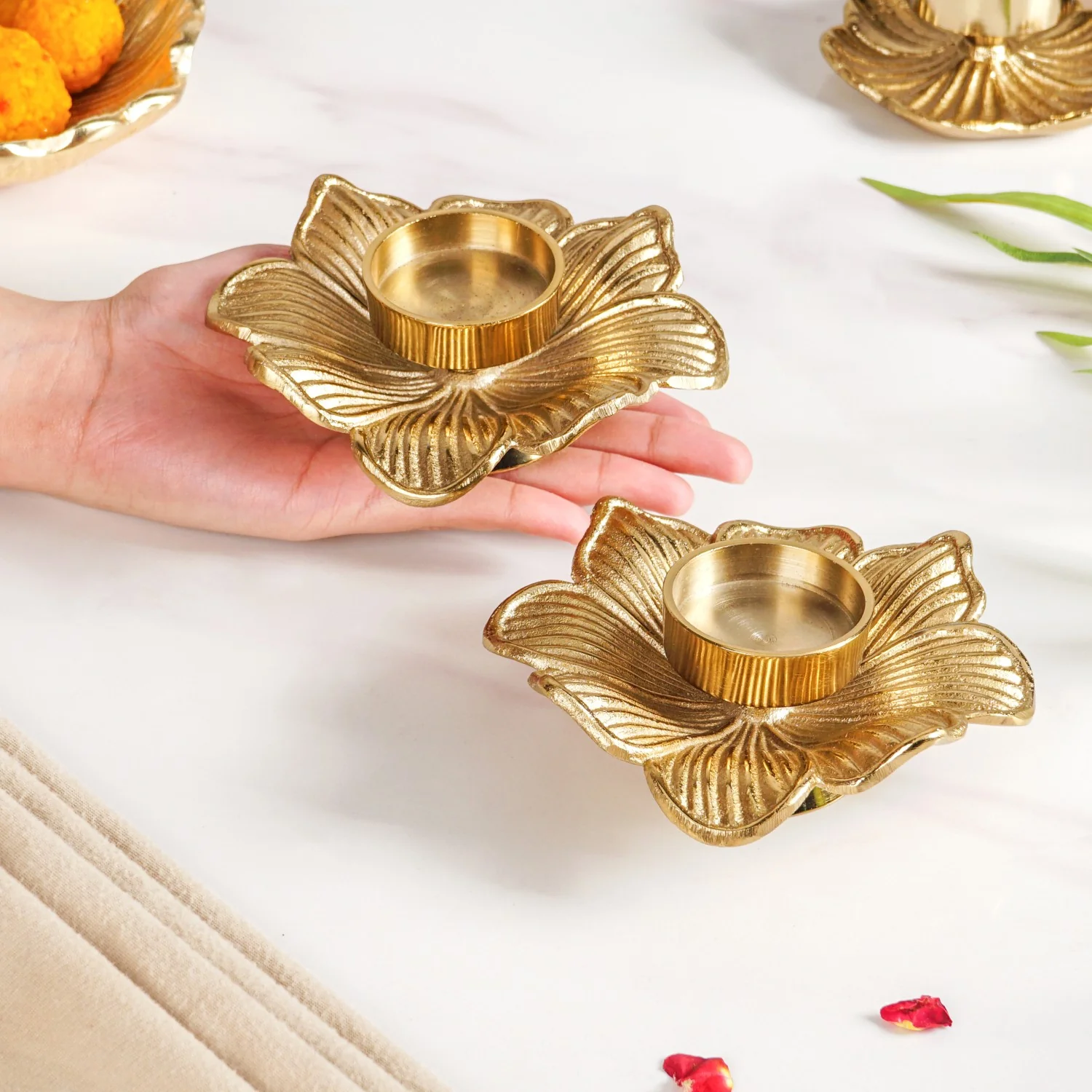 Petal Radiance Aluminium Tealight Candle Holder Set Of 2 In Festive Gift Box - Image 2