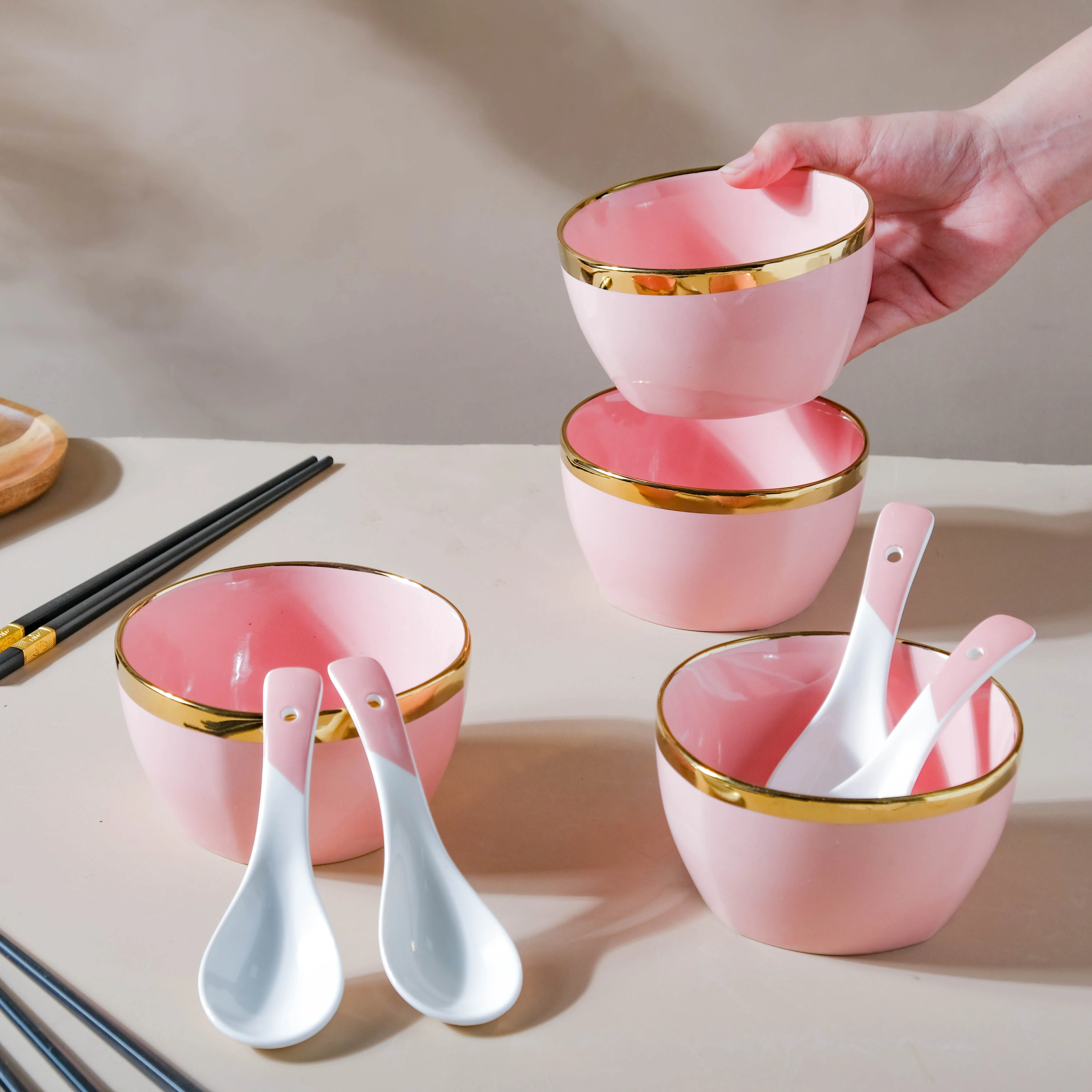 Petunia Pink Snack Bowl Set Of 4 With Chopsticks And Soup Spoons - Image 2