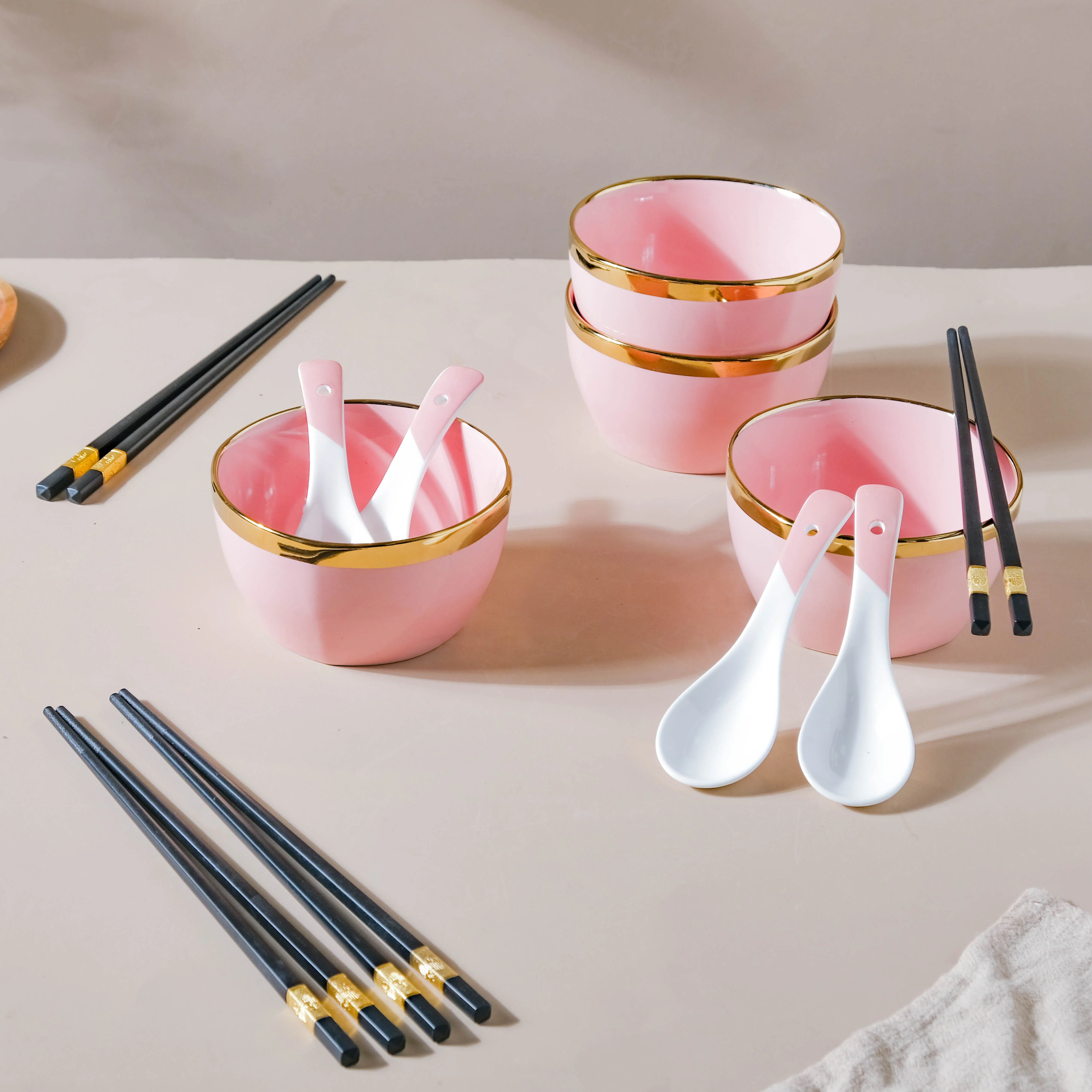 Petunia Pink Snack Bowl Set Of 4 With Chopsticks And Soup Spoons - Image 8
