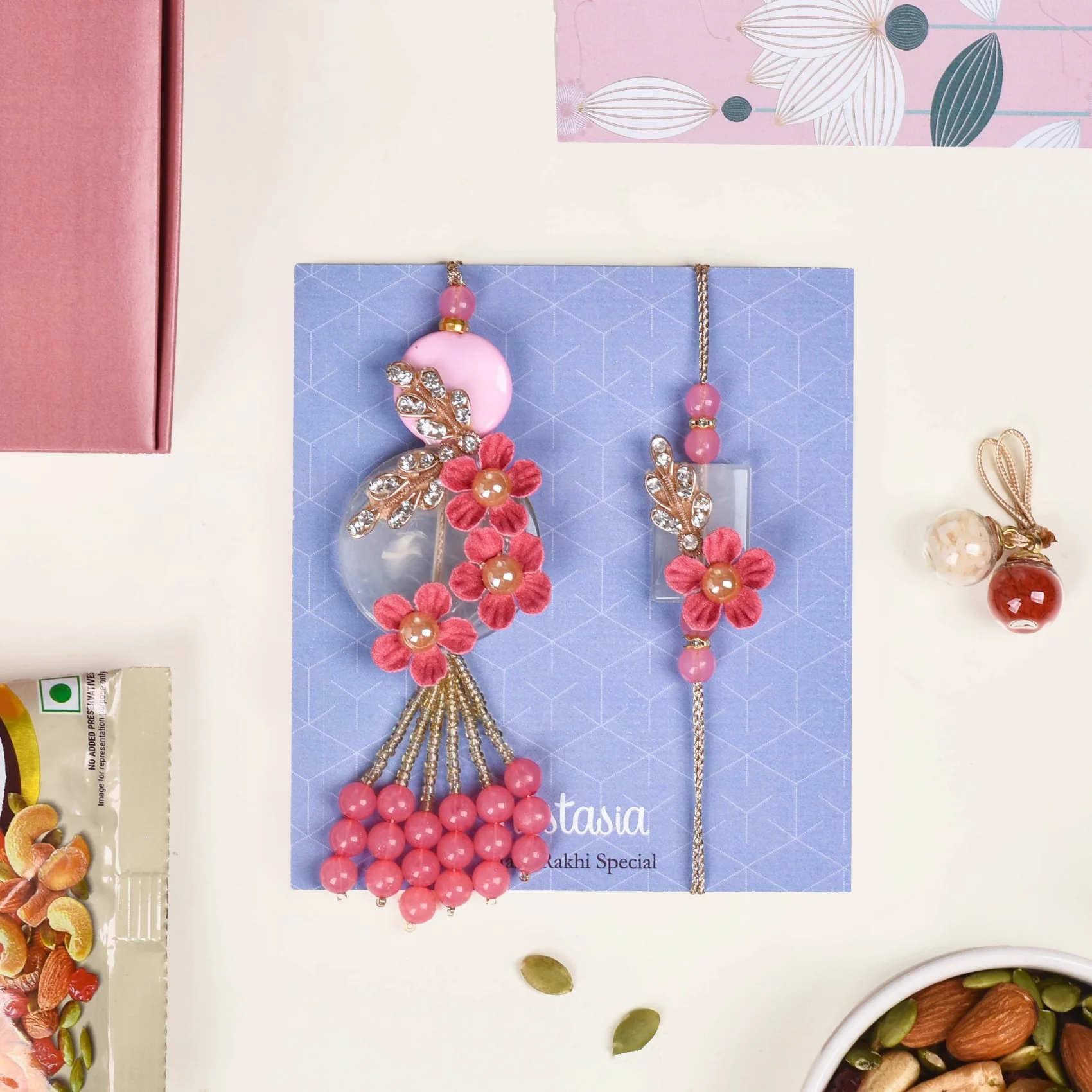 Pink Bloom Rakhi Lumba Gift Set Of 4 With Box And Card - Image 2