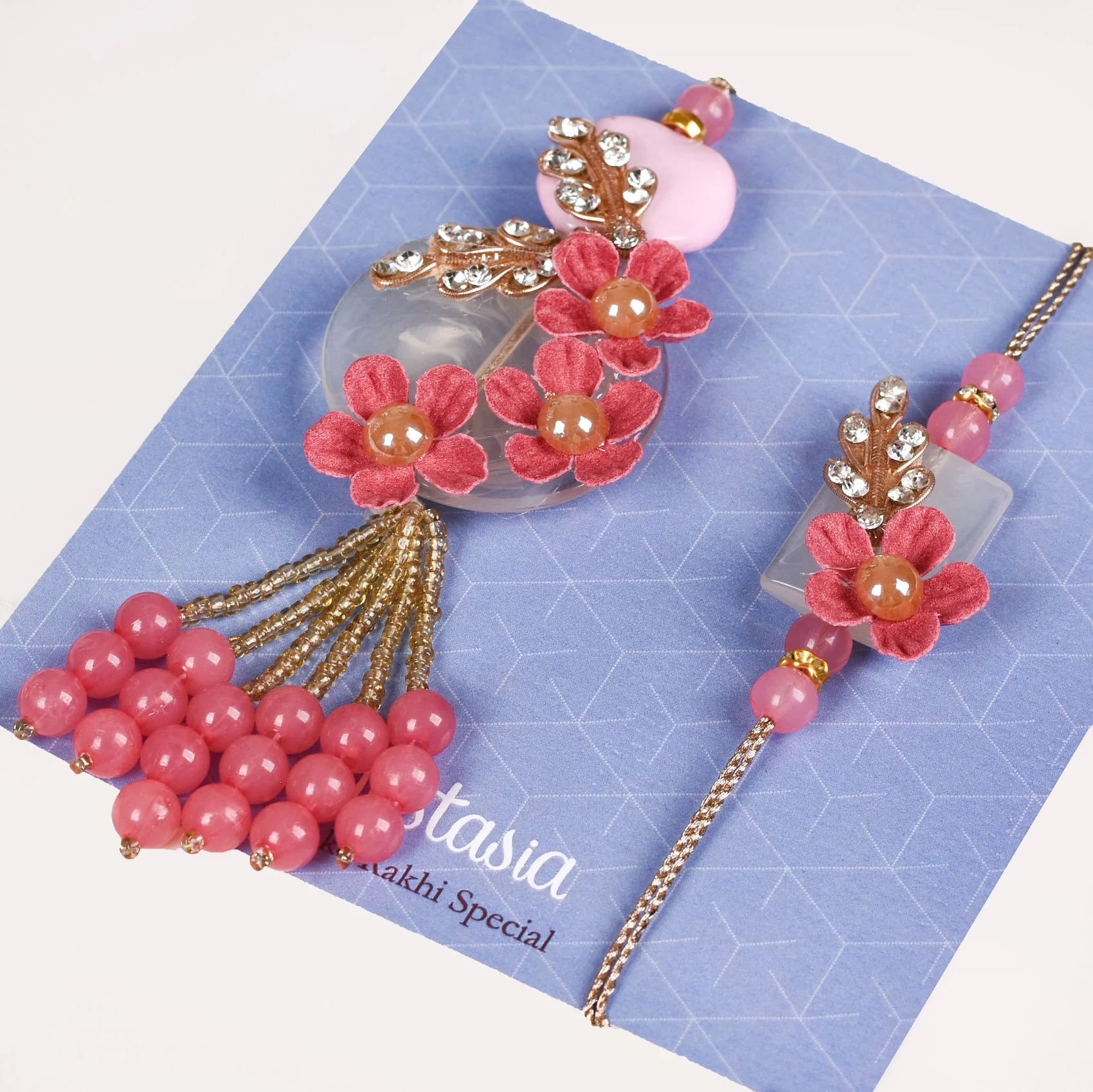 Pink Bloom Rakhi Lumba Gift Set Of 4 With Box And Card - Image 4