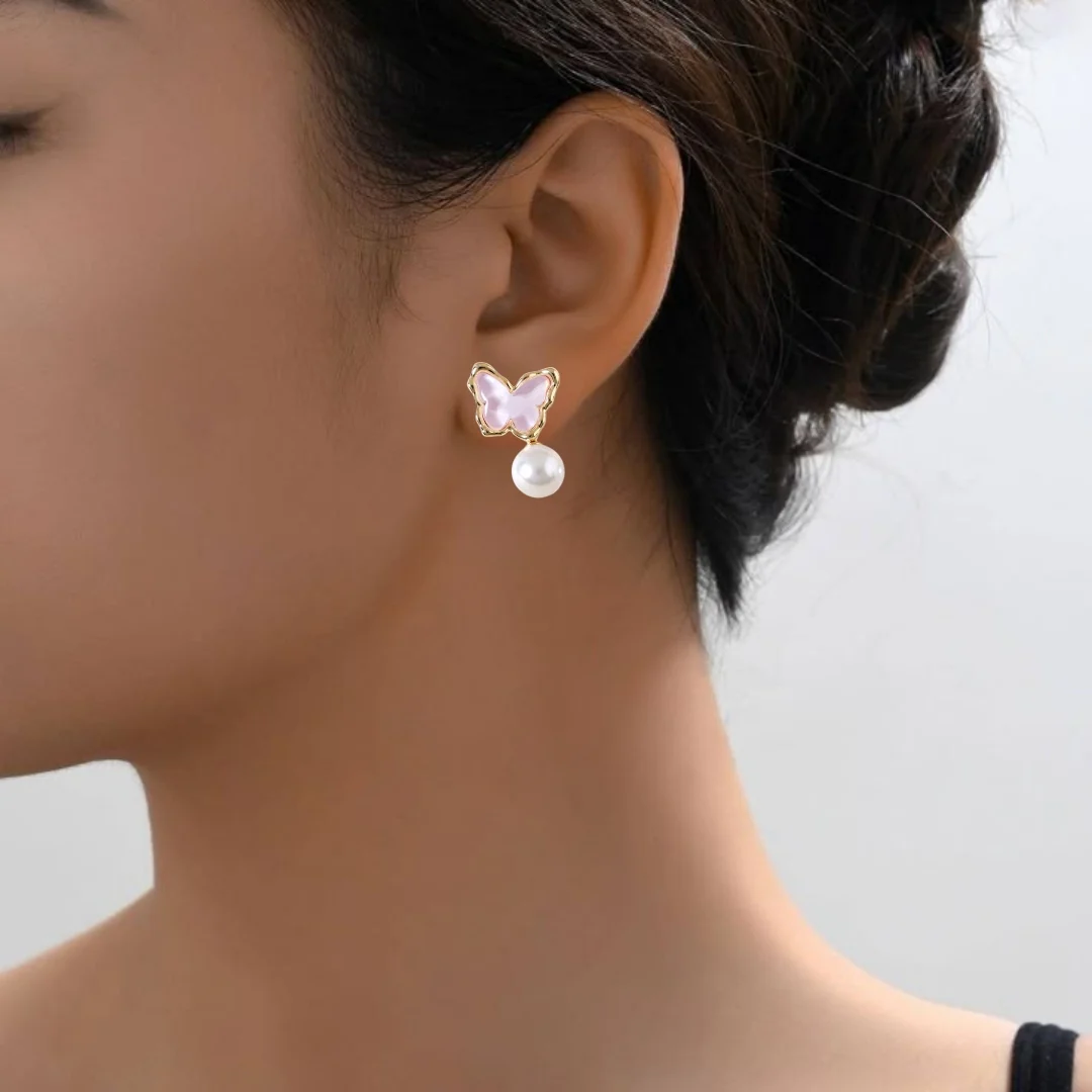 Pink Butterfly Drop Earrings - Image 5