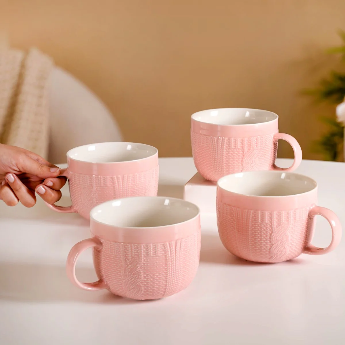 Pink Embossed Cappuccino Cup Set of 4 Large 490ml - Image 2