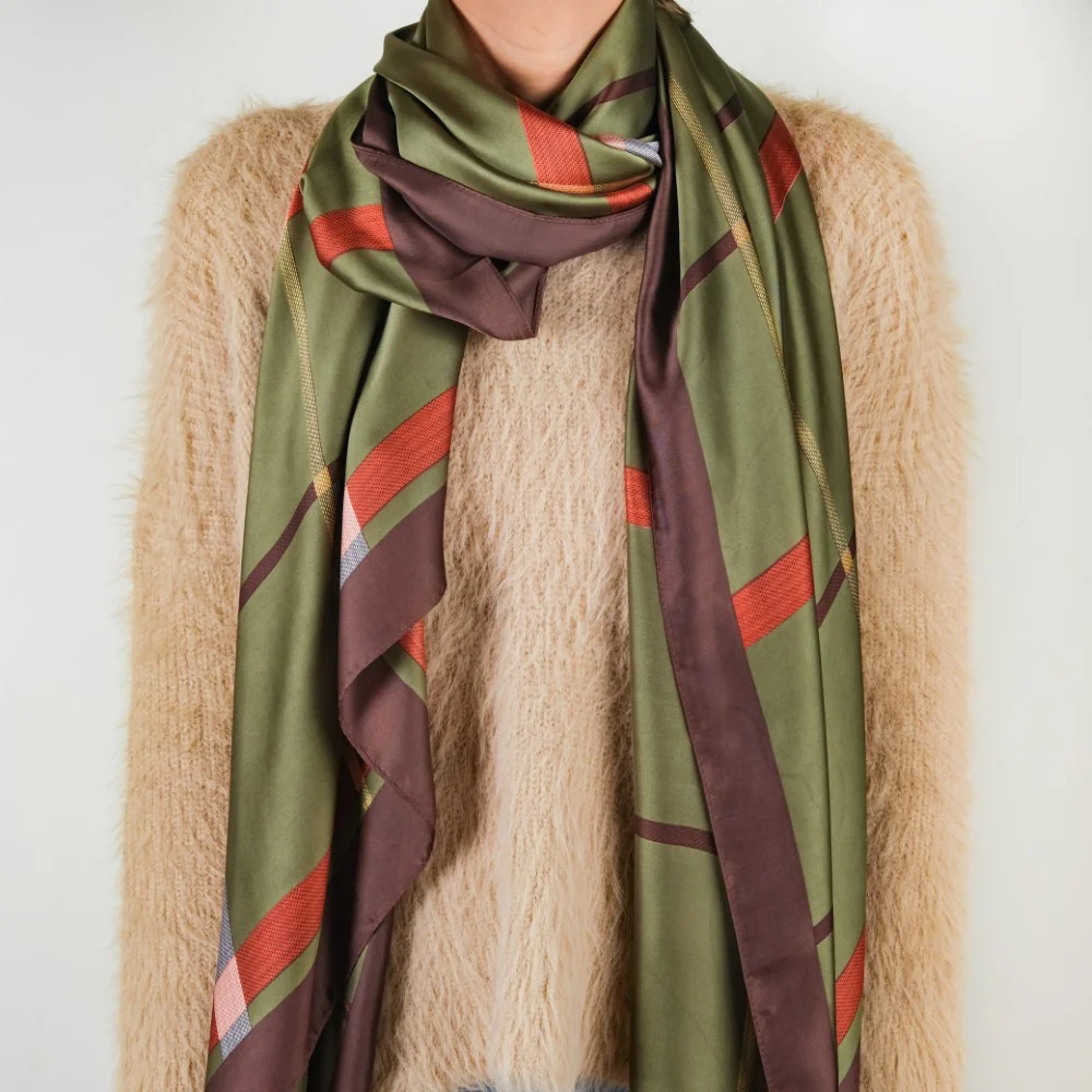 Plaid Long Silk Scarf Green - Image 4