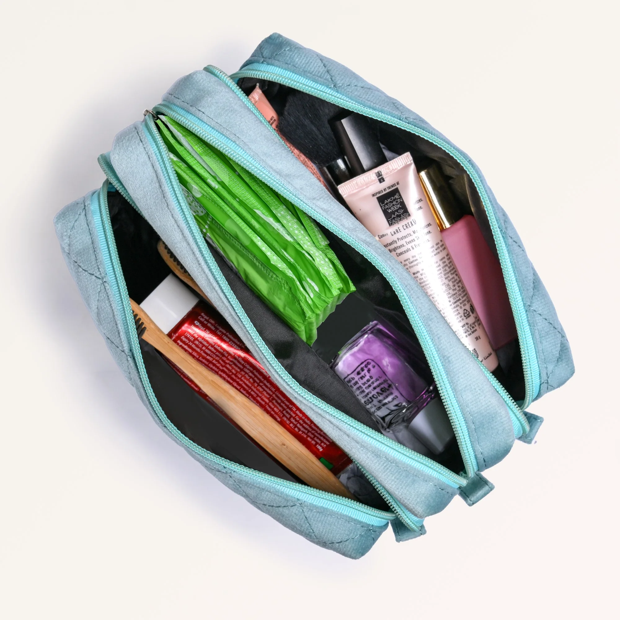 Plush Velvet Multipurpose 3 Section Pouch Mint - Image 3