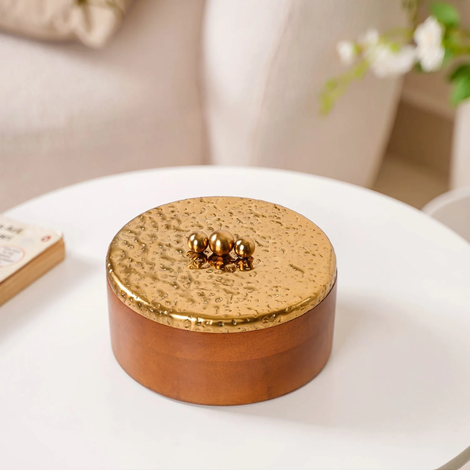Polished Wood Round Decorative Box With Metal Lid 6 Inch - Image 13