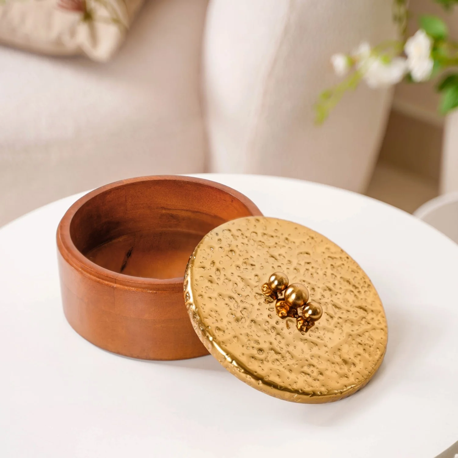 Polished Wood Round Decorative Box With Metal Lid 6 Inch - Image 3