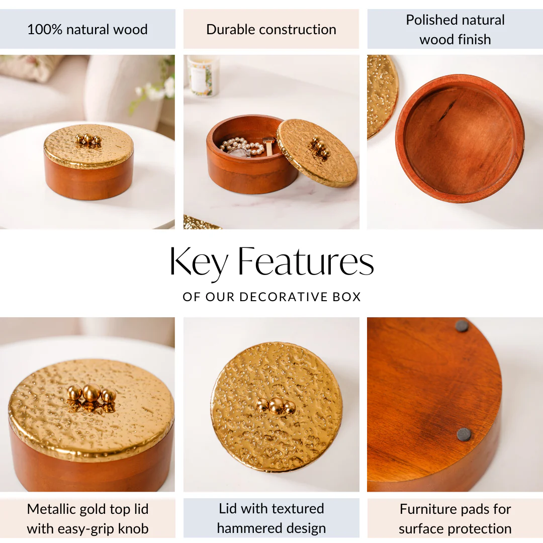 Polished Wood Round Decorative Box With Metal Lid 6 Inch - Image 5