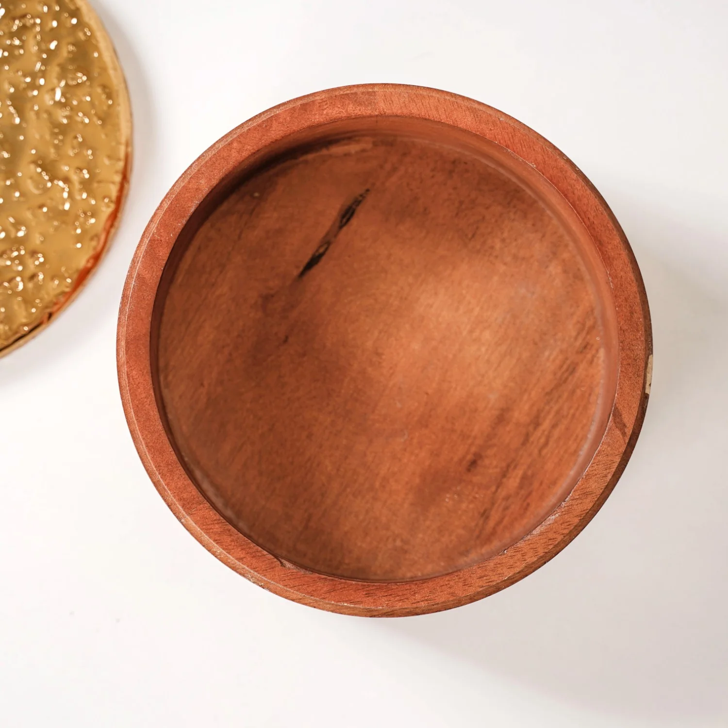 Polished Wood Round Decorative Box With Metal Lid 6 Inch - Image 9